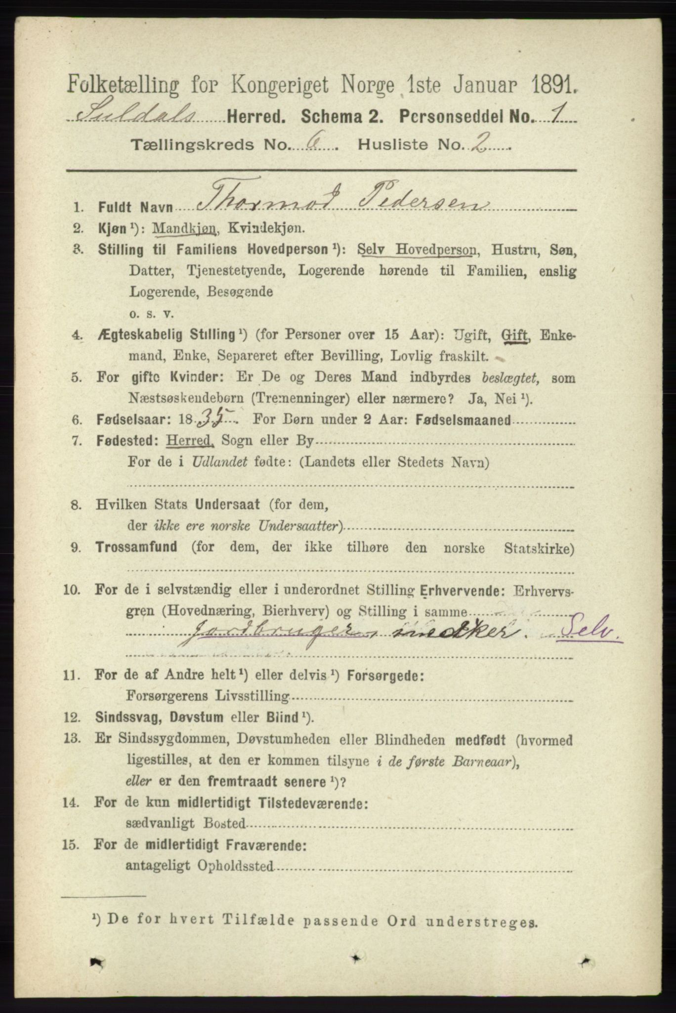 RA, 1891 census for 1134 Suldal, 1891, p. 1601