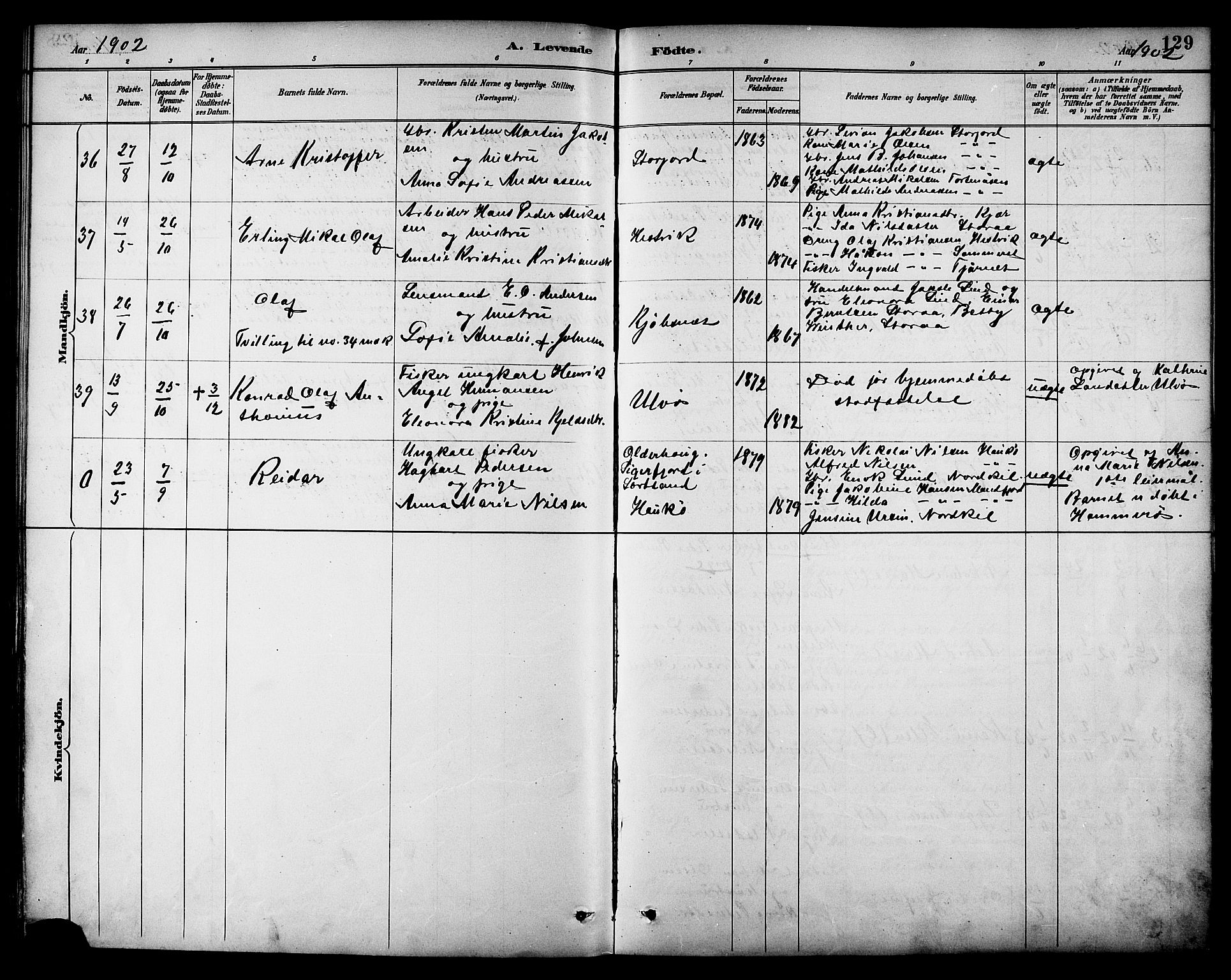 Ministerialprotokoller, klokkerbøker og fødselsregistre - Nordland, AV/SAT-A-1459/861/L0869: Parish register (official) no. 861A04, 1889-1903, p. 129