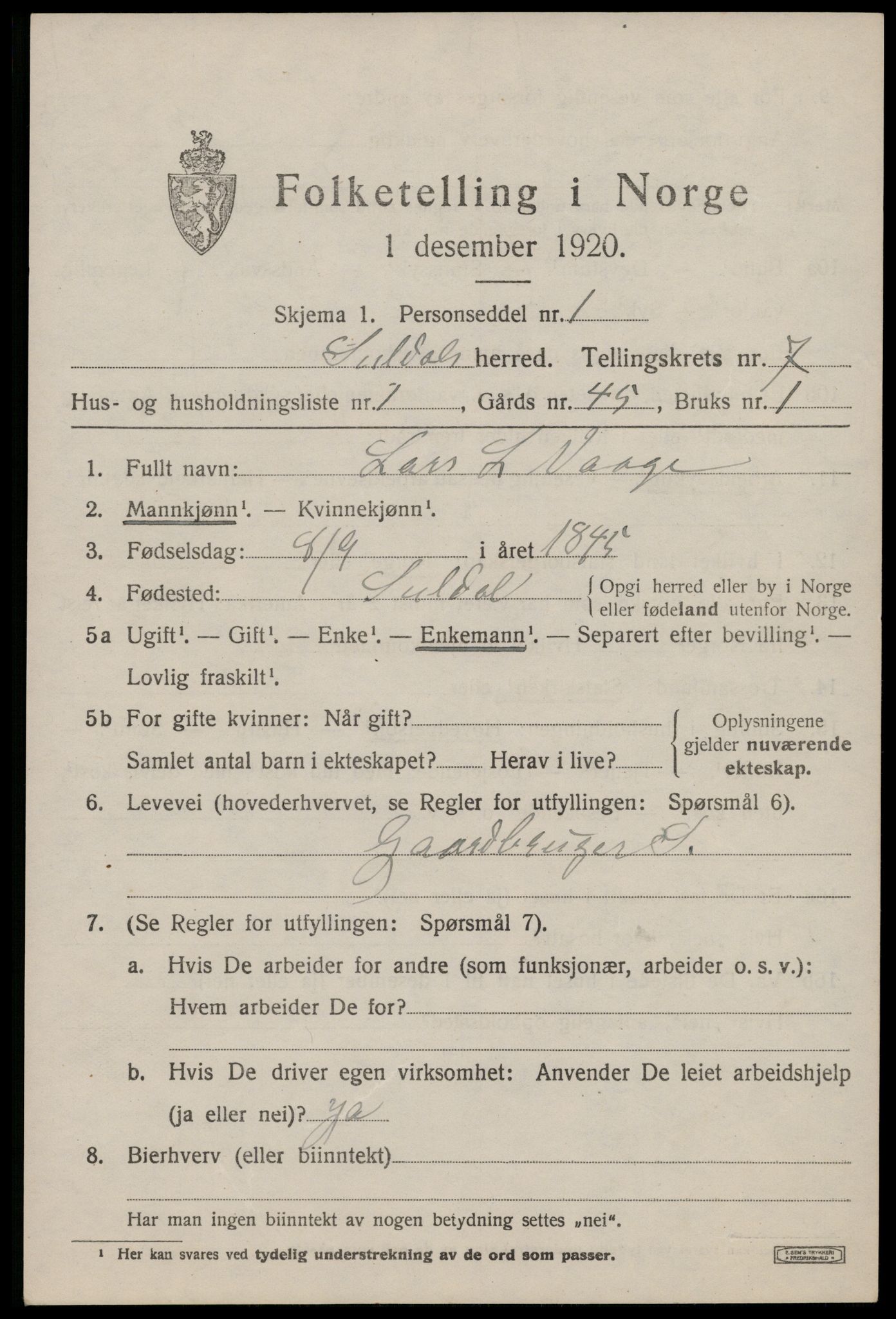 SAST, 1920 census for Suldal, 1920, p. 1748