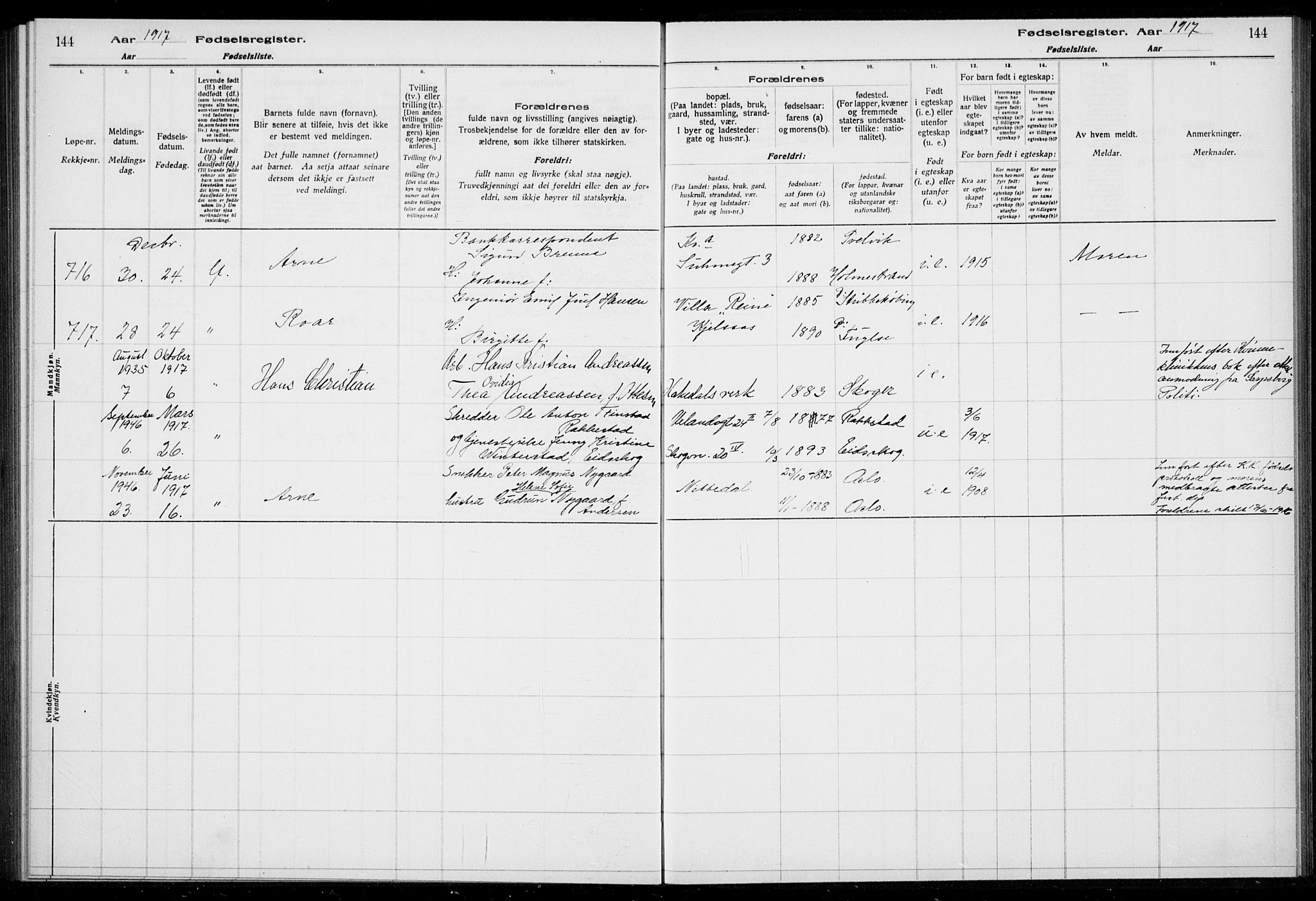 Rikshospitalet prestekontor Kirkebøker, AV/SAO-A-10309b/J/L0002: Birth register no. 2, 1917-1917, p. 144