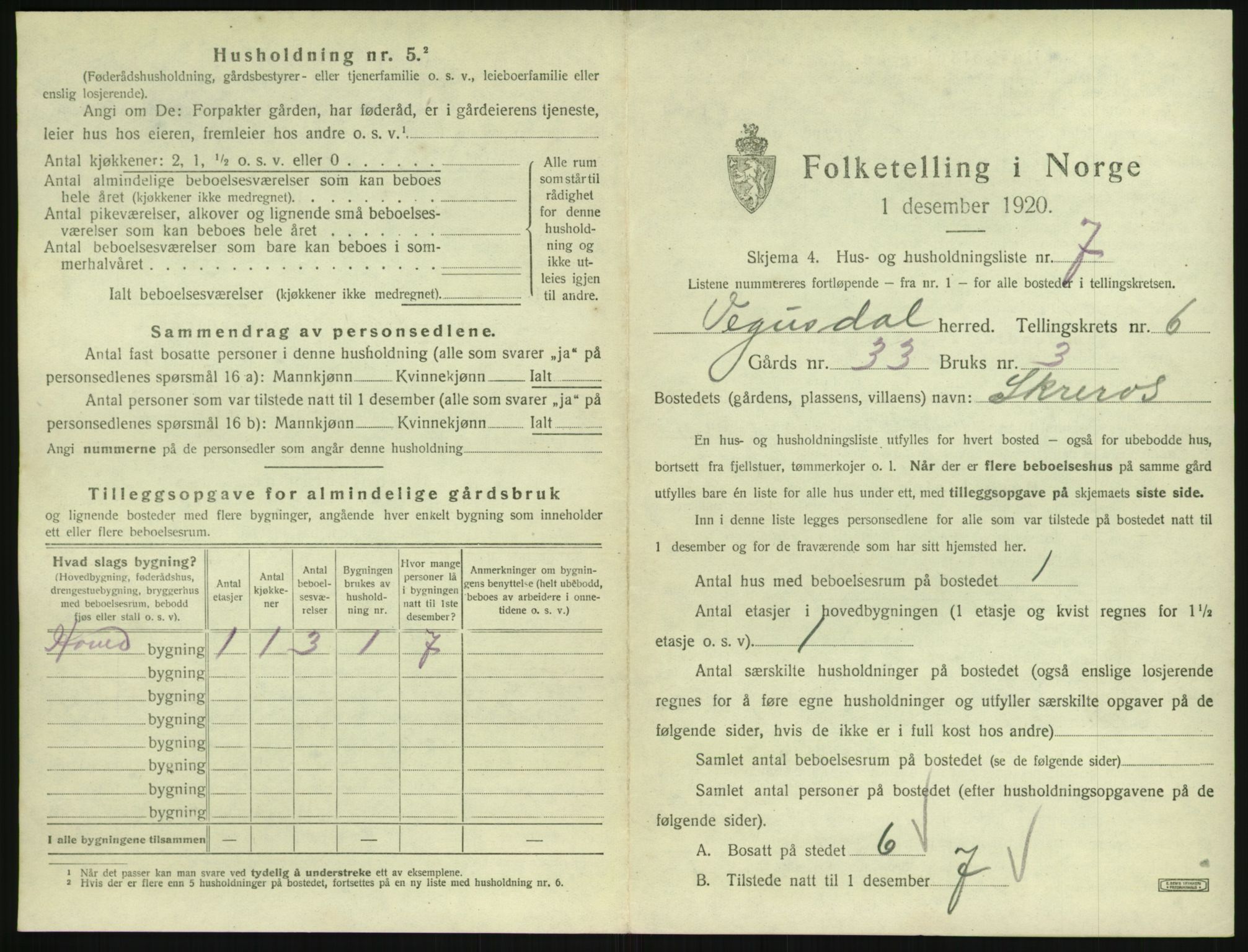 SAK, 1920 census for Vegusdal, 1920, p. 249