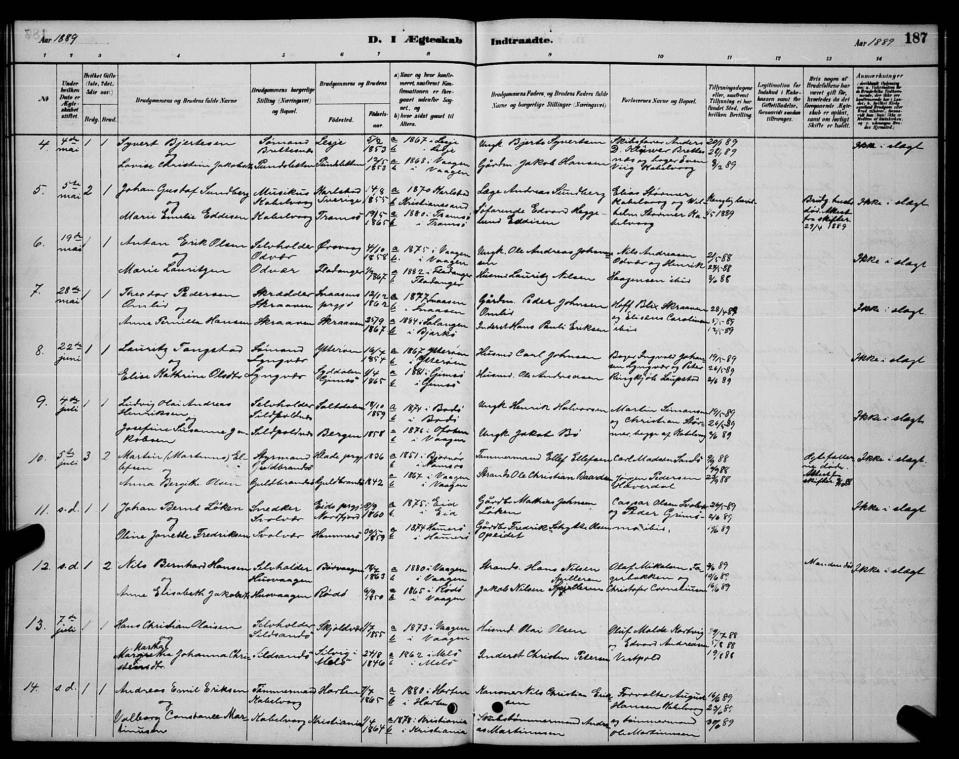 Ministerialprotokoller, klokkerbøker og fødselsregistre - Nordland, AV/SAT-A-1459/874/L1076: Parish register (copy) no. 874C05, 1884-1890, p. 187