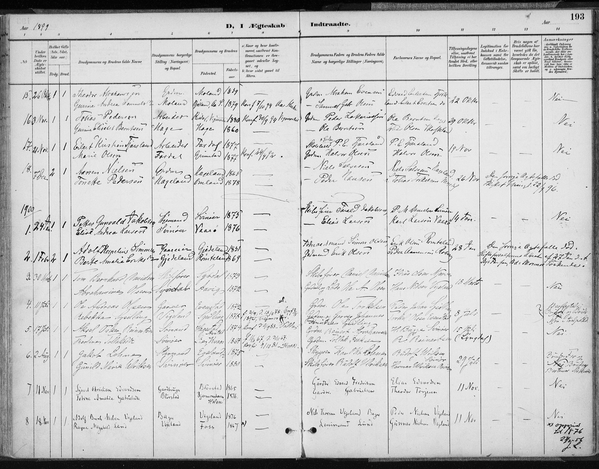 Sør-Audnedal sokneprestkontor, AV/SAK-1111-0039/F/Fa/Fab/L0010: Parish register (official) no. A 10, 1892-1913, p. 193