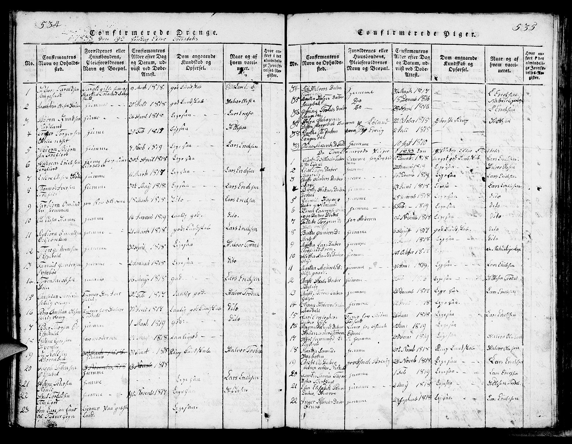 Strand sokneprestkontor, SAST/A-101828/H/Ha/Hab/L0002: Parish register (copy) no. B 2, 1816-1854, p. 534-535
