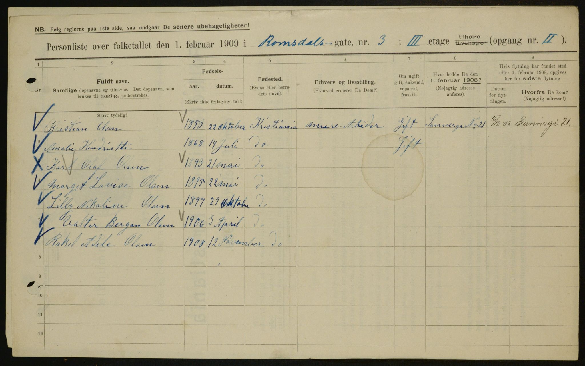 OBA, Municipal Census 1909 for Kristiania, 1909, p. 75417