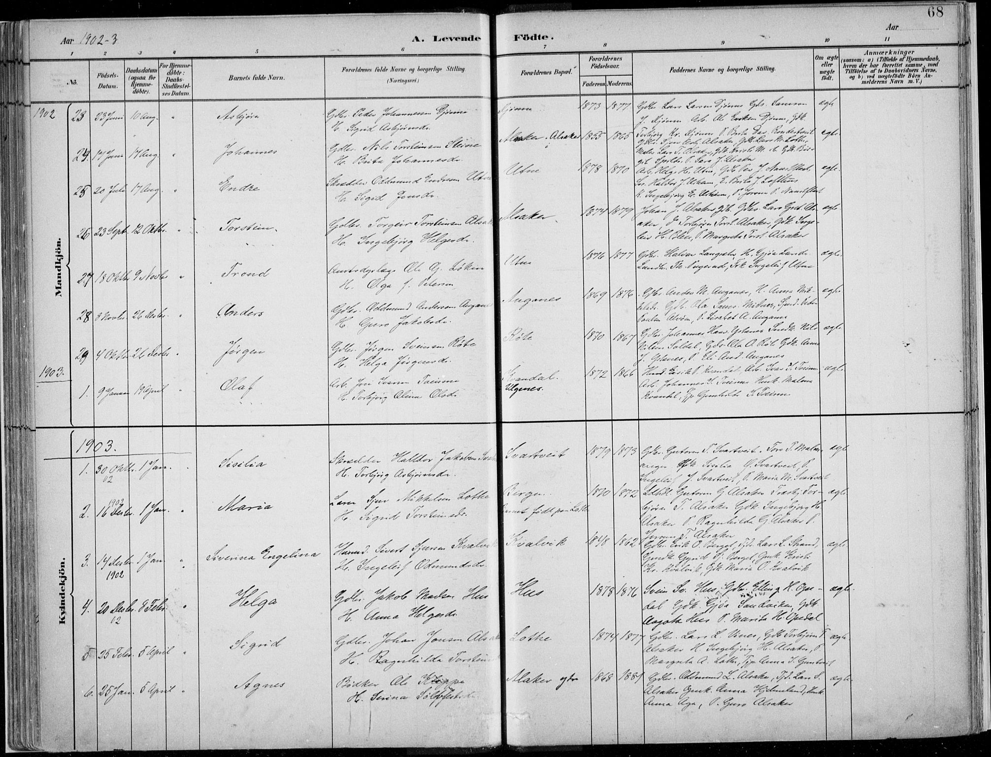 Ullensvang sokneprestembete, SAB/A-78701/H/Haa: Parish register (official) no. E  1, 1882-1921, p. 68