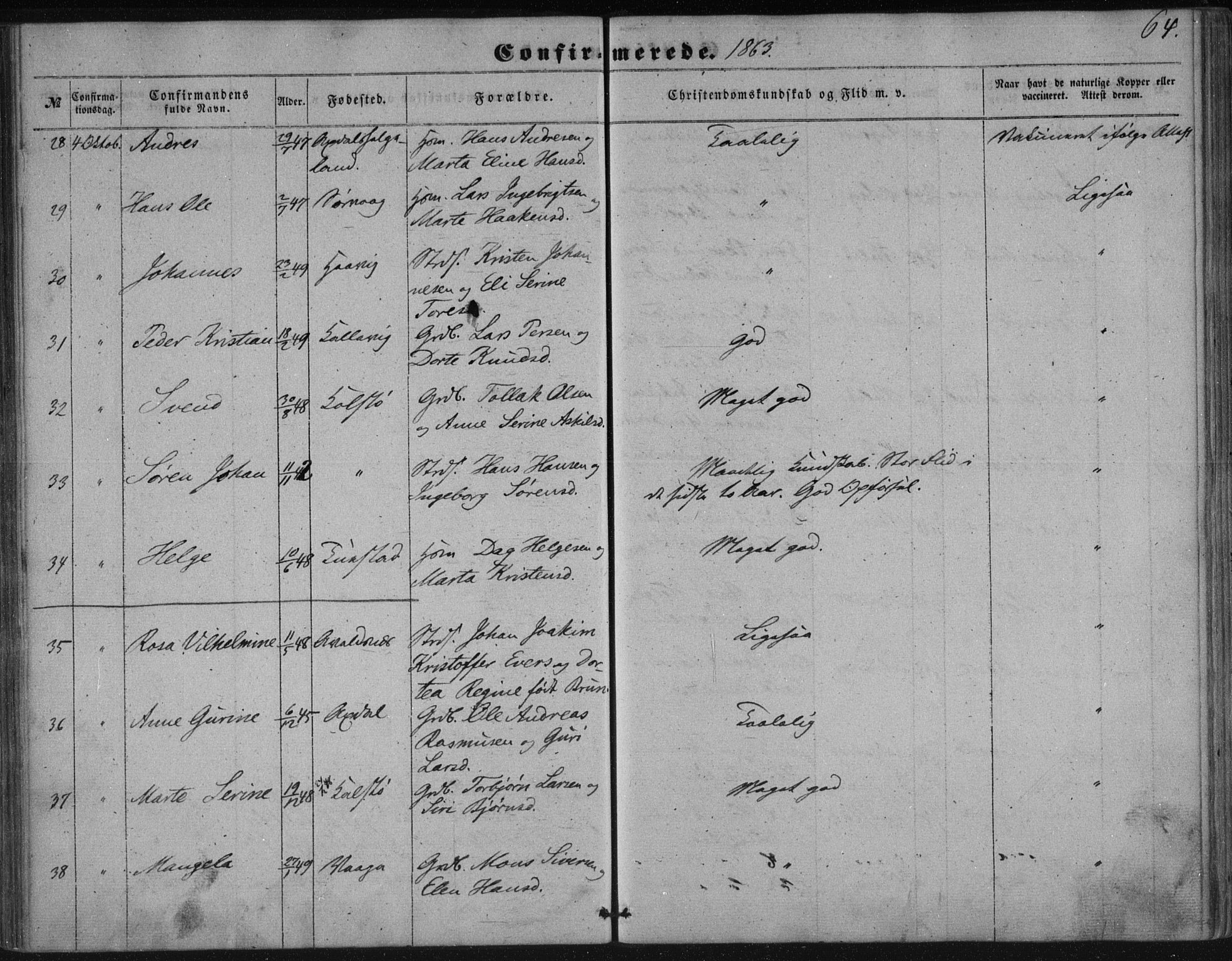 Avaldsnes sokneprestkontor, AV/SAST-A -101851/H/Ha/Haa/L0009: Parish register (official) no. A 9, 1853-1865, p. 64