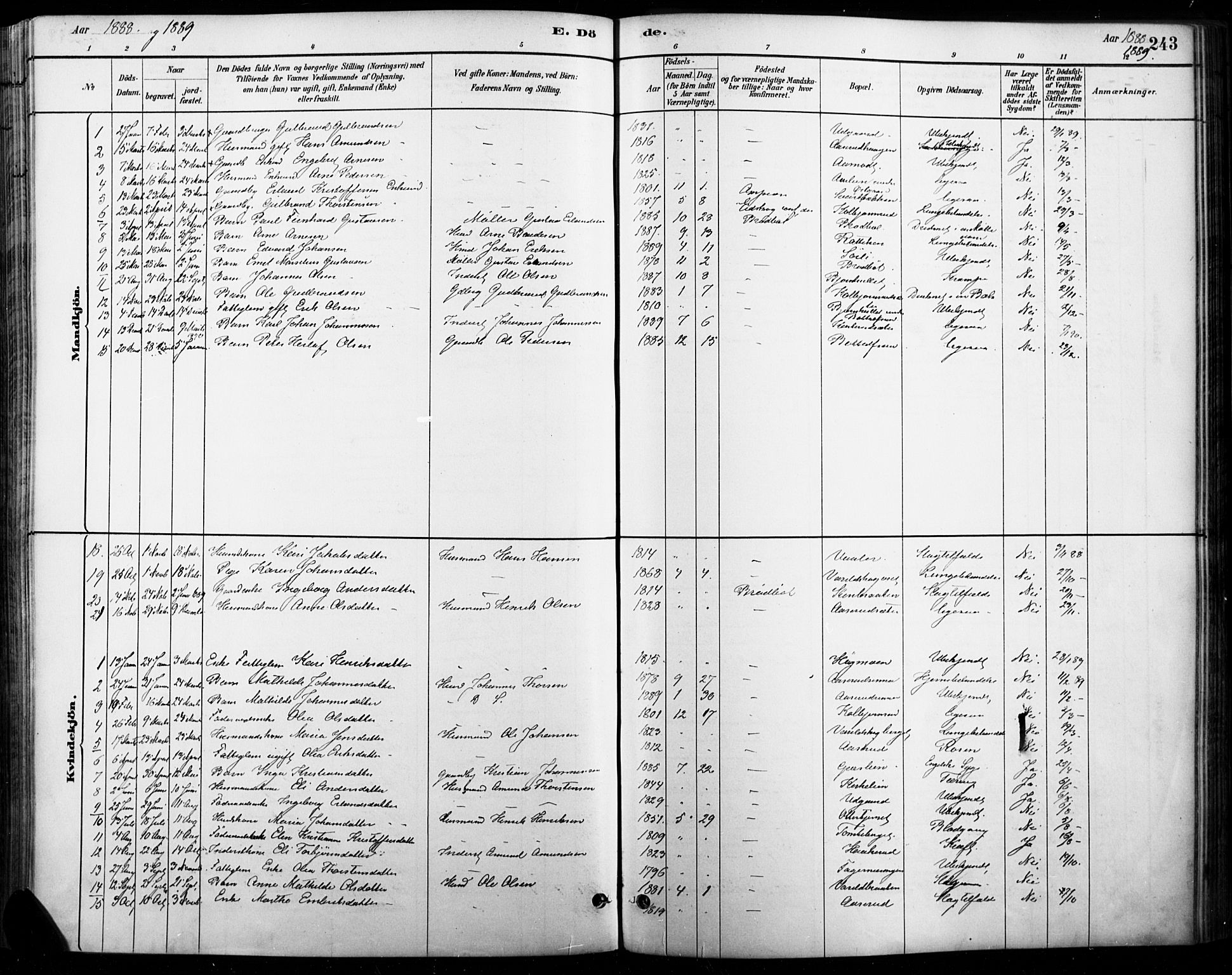 Vinger prestekontor, AV/SAH-PREST-024/H/Ha/Haa/L0015: Parish register (official) no. 15, 1881-1900, p. 243