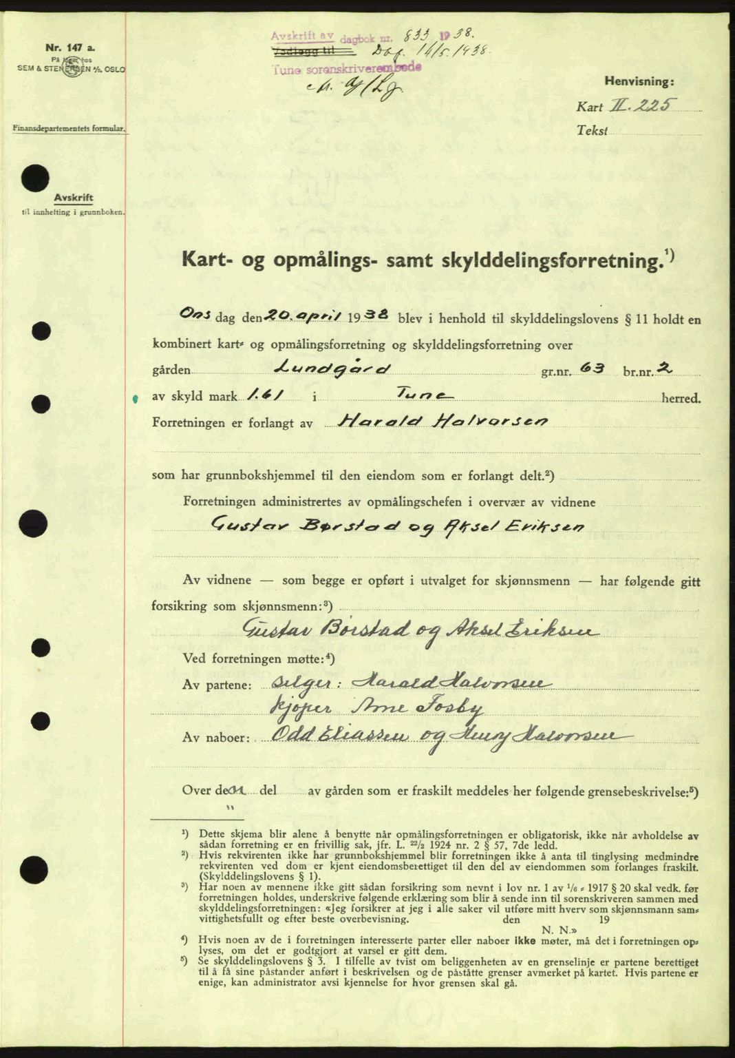 Tune sorenskriveri, AV/SAO-A-10470/G/Gb/Gbg/Gbgb/L0003: Mortgage book no. A3, 1938-1938, Diary no: : 833/1938