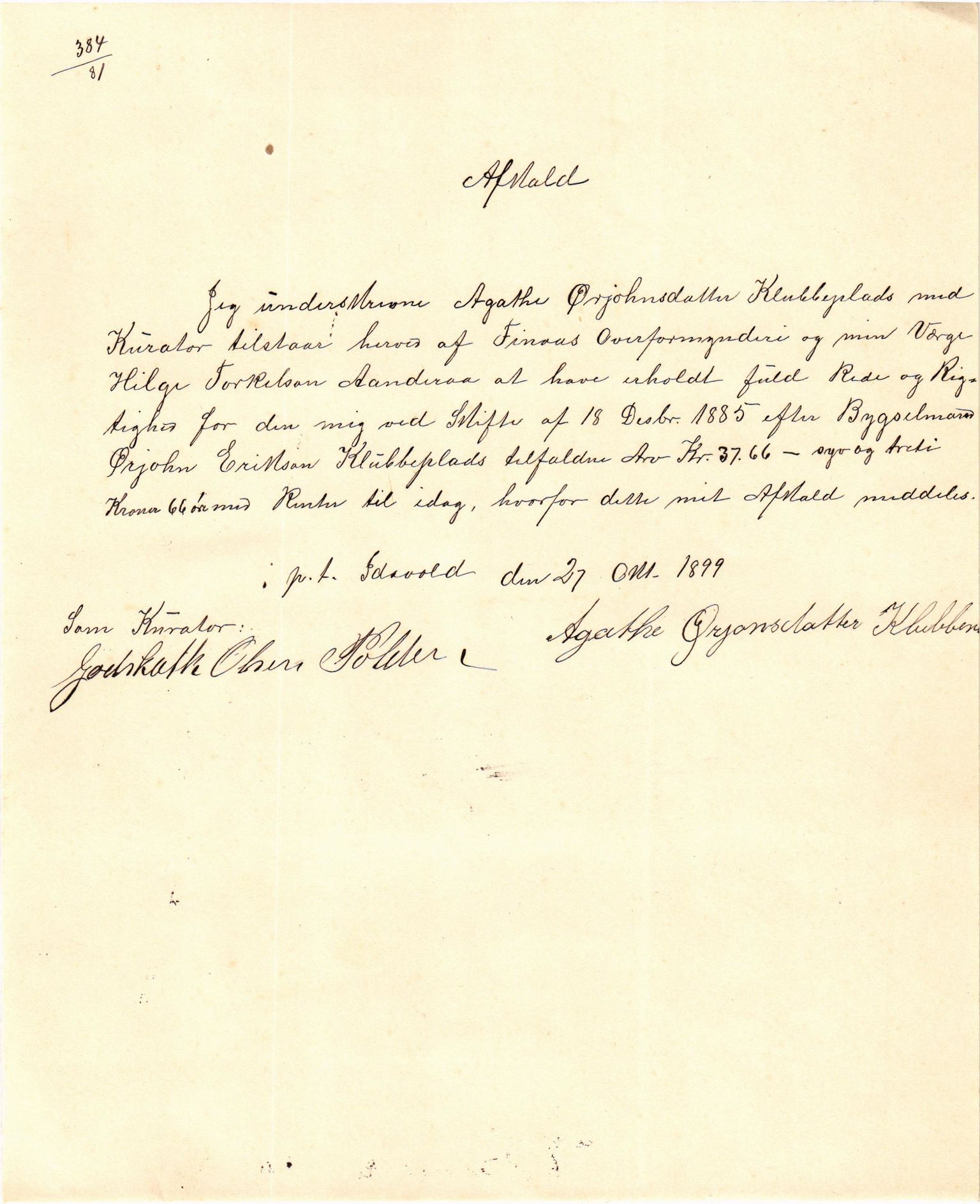 Finnaas kommune. Overformynderiet, IKAH/1218a-812/F/Fb/Fba/L0005/0003: Avkall. Kvitteringar. Mindre rulle / Avkall. Kvitteringar. Mindre rulle, 1891-1899, p. 99