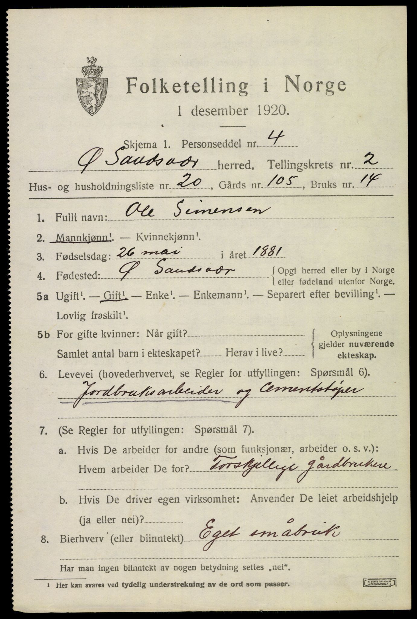 SAKO, 1920 census for Øvre Sandsvær, 1920, p. 1946