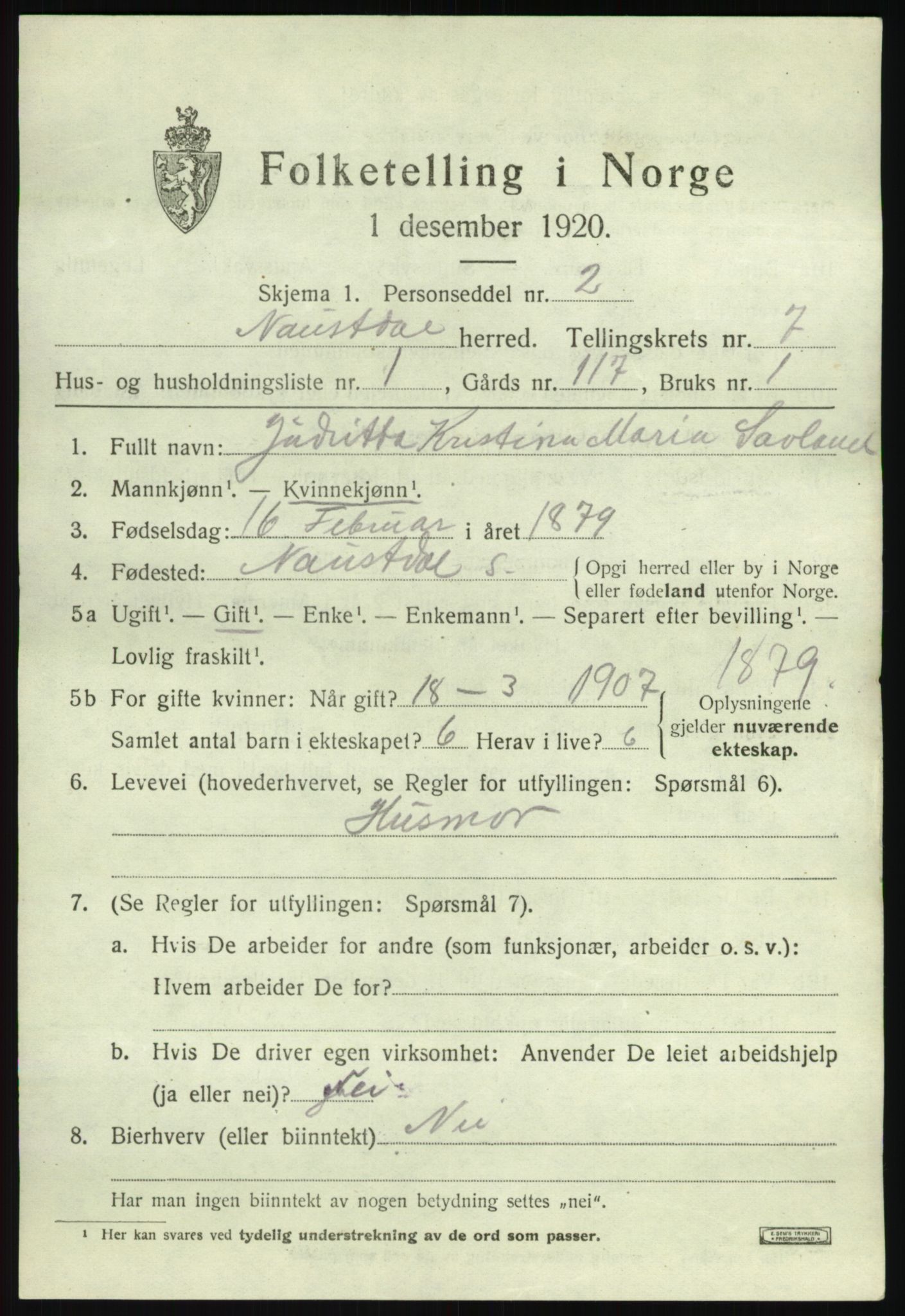 SAB, 1920 census for Naustdal, 1920, p. 4169