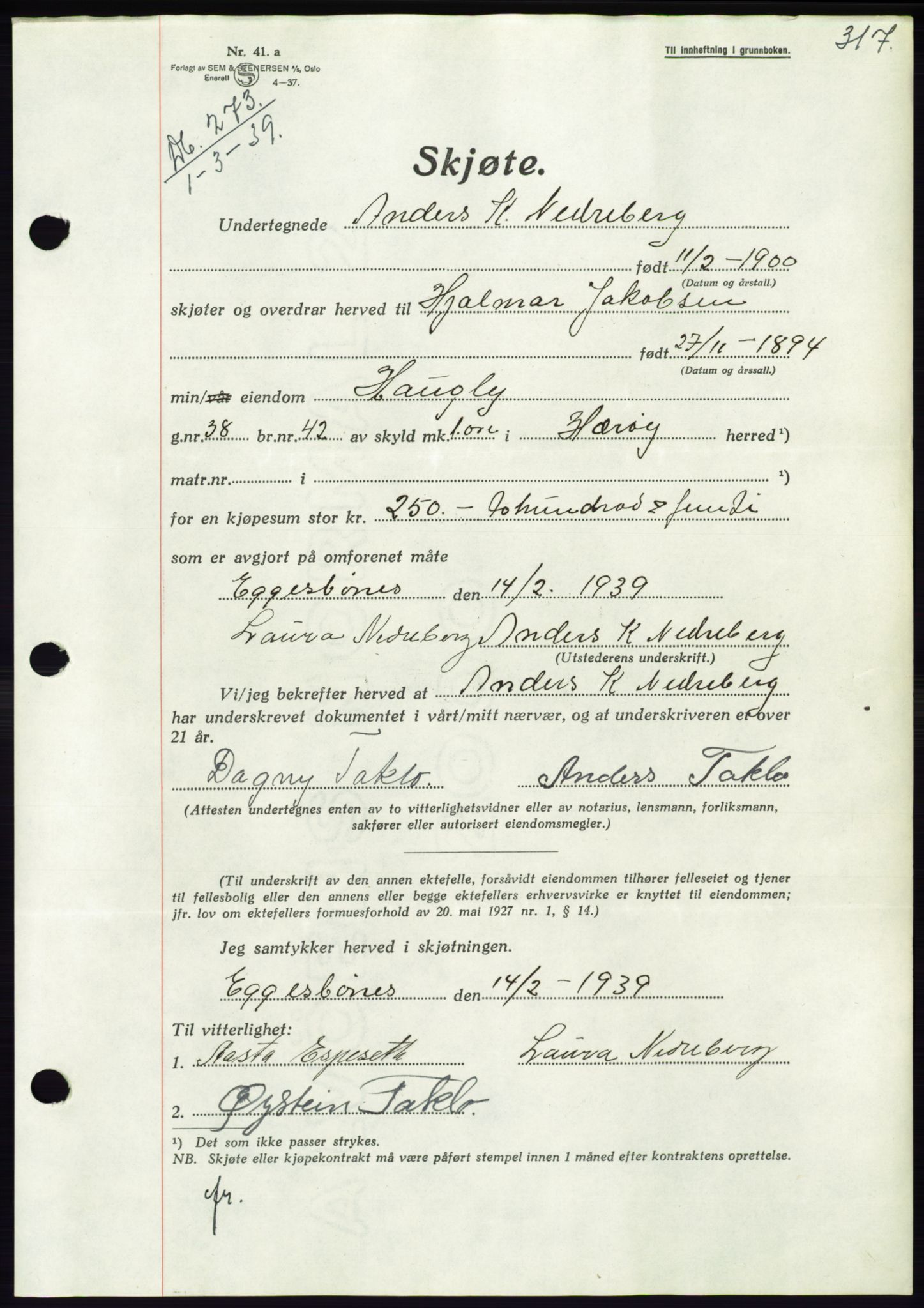 Søre Sunnmøre sorenskriveri, AV/SAT-A-4122/1/2/2C/L0067: Mortgage book no. 61, 1938-1939, Diary no: : 273/1939