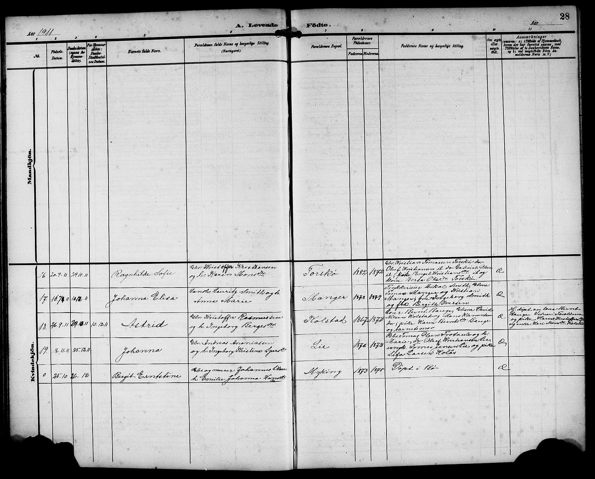Manger sokneprestembete, SAB/A-76801/H/Hab: Parish register (copy) no. A 2, 1902-1923, p. 28