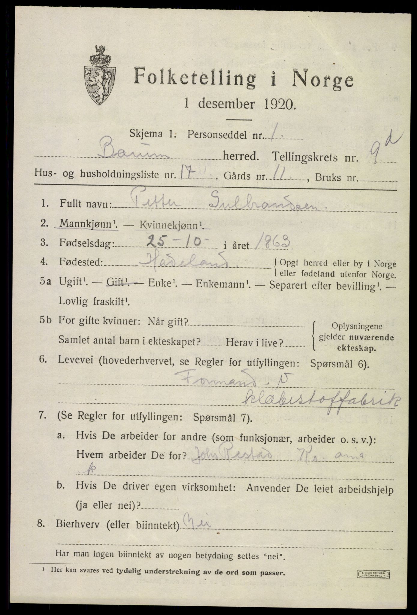 SAO, 1920 census for Bærum, 1920, p. 22990