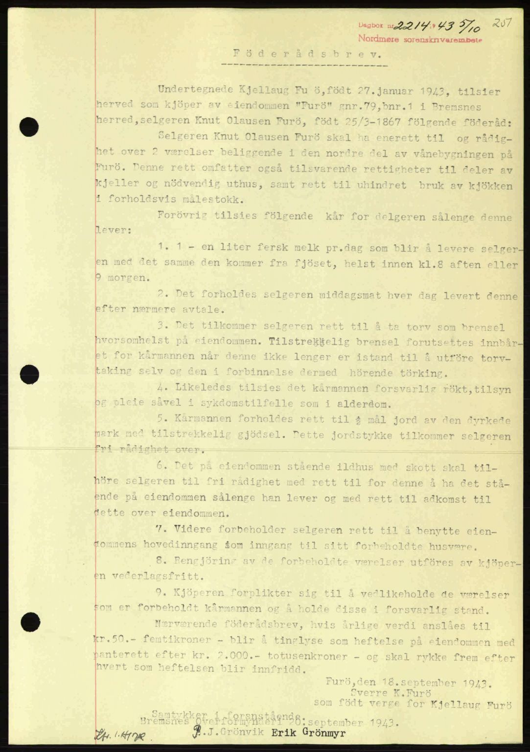 Nordmøre sorenskriveri, AV/SAT-A-4132/1/2/2Ca: Mortgage book no. B91, 1943-1944, Diary no: : 2214/1943