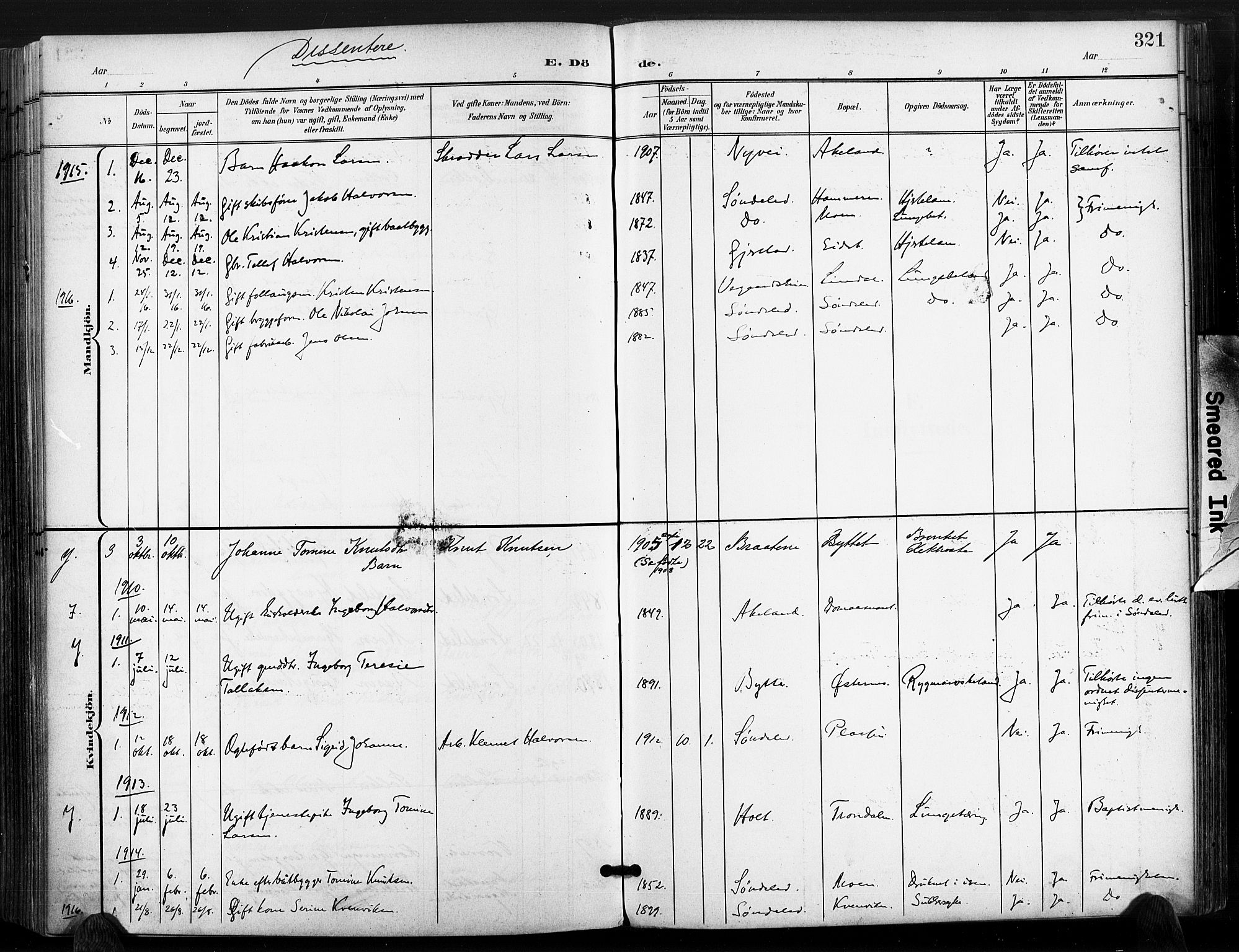 Søndeled sokneprestkontor, SAK/1111-0038/F/Fa/L0006: Parish register (official) no. A 6, 1900-1922, p. 321