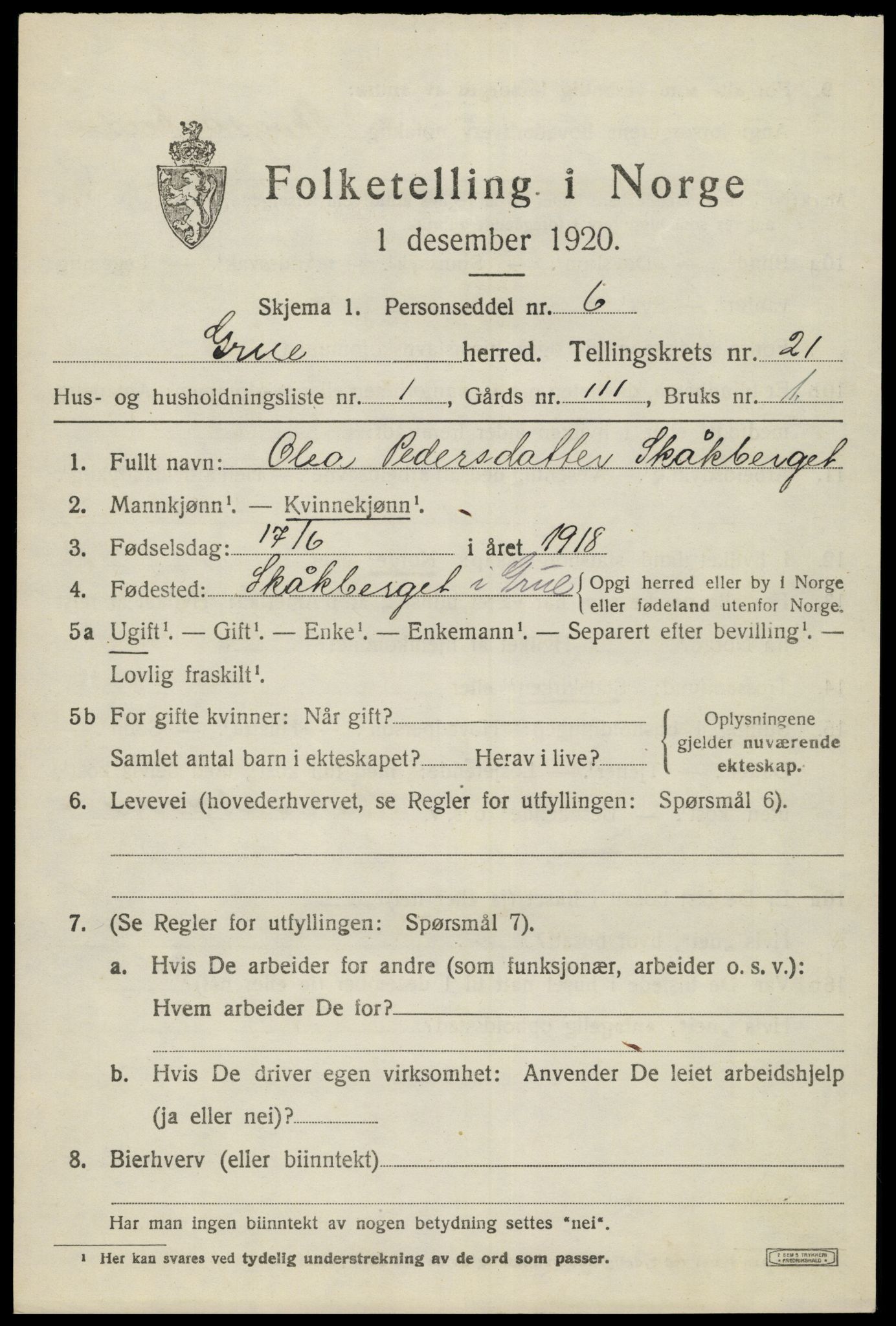 SAH, 1920 census for Grue, 1920, p. 15293