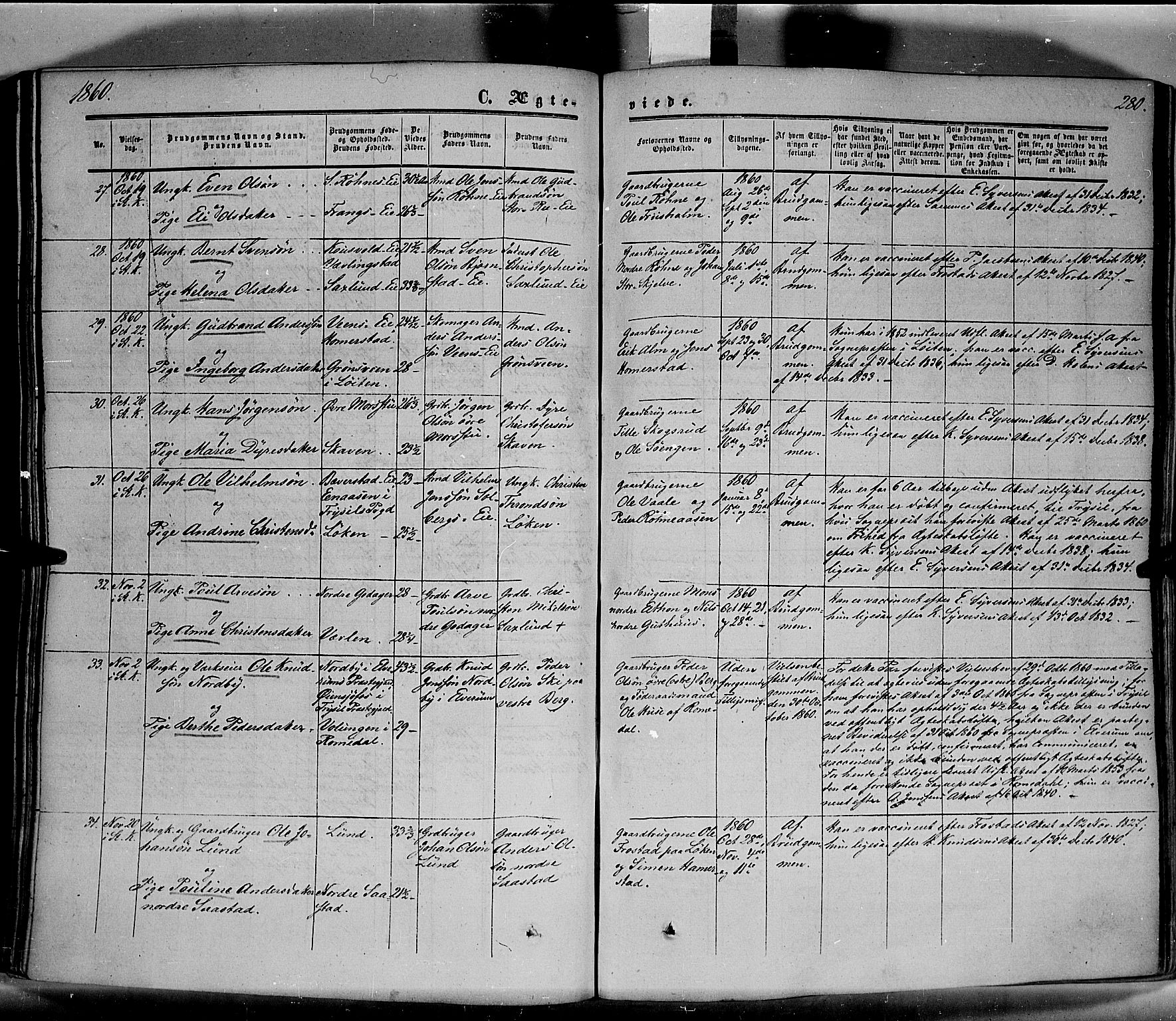 Stange prestekontor, AV/SAH-PREST-002/K/L0012: Parish register (official) no. 12, 1852-1862, p. 280