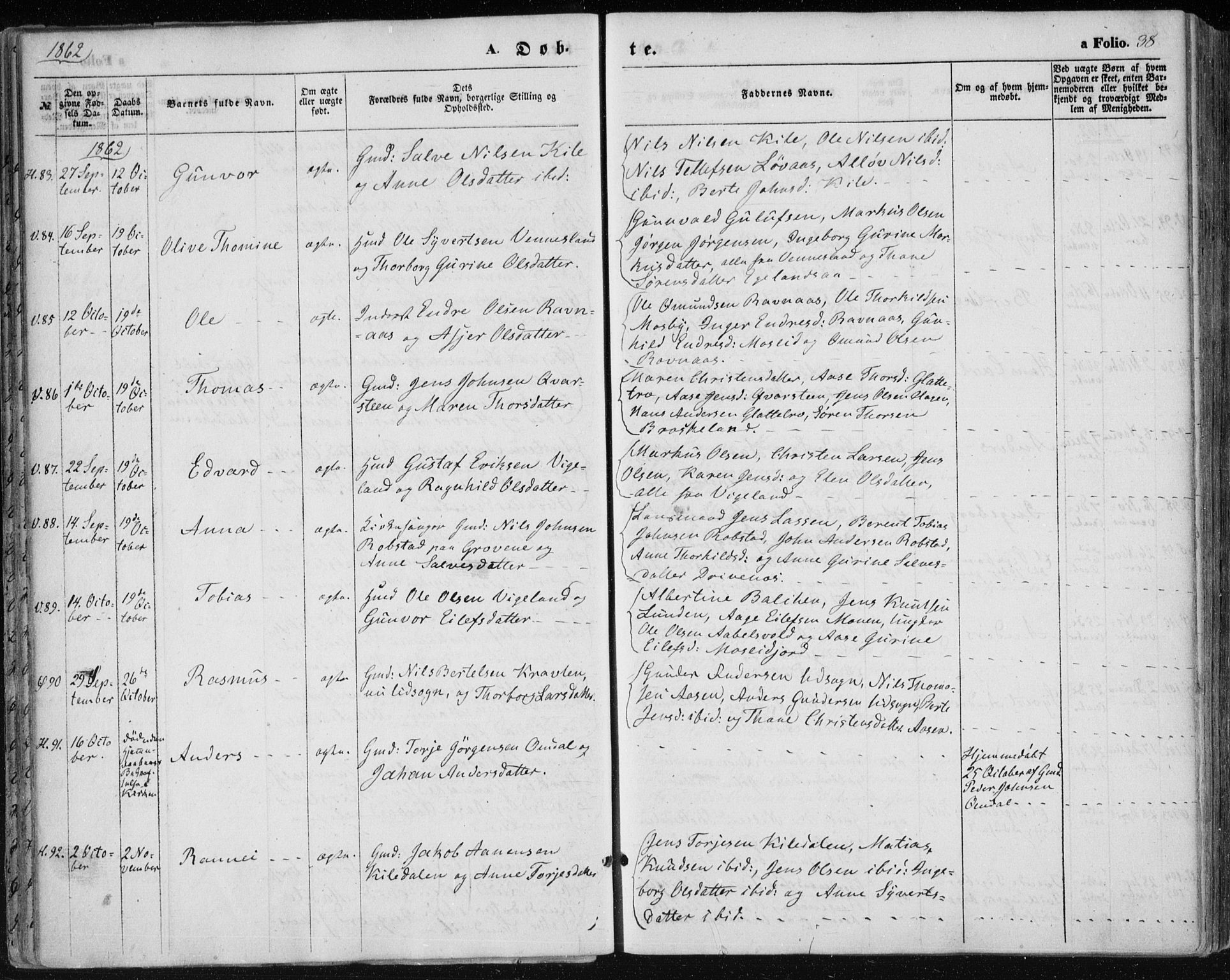 Vennesla sokneprestkontor, AV/SAK-1111-0045/Fa/Fac/L0007: Parish register (official) no. A 7, 1855-1873, p. 38