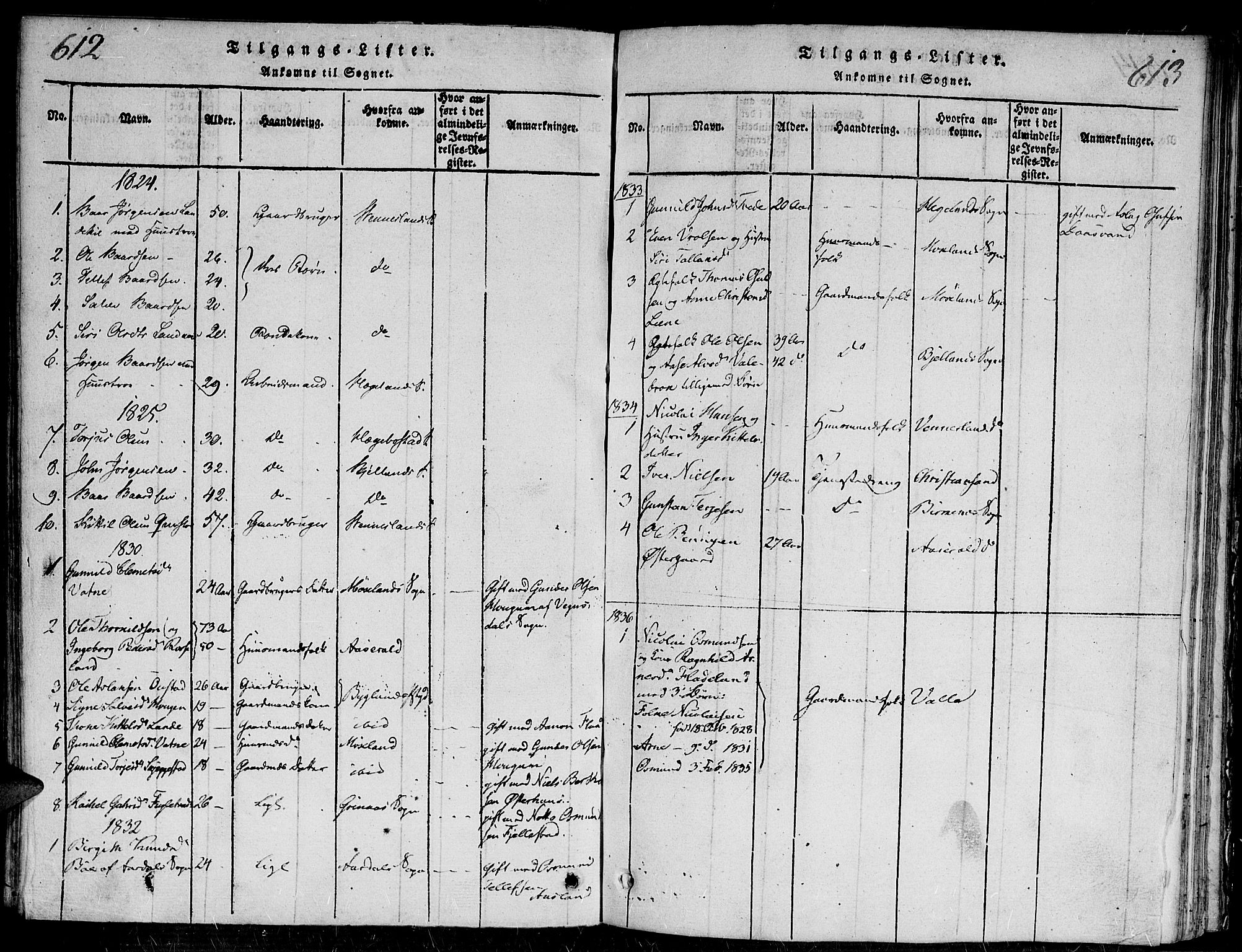 Evje sokneprestkontor, SAK/1111-0008/F/Fa/Faa/L0004: Parish register (official) no. A 4, 1816-1840, p. 612-613