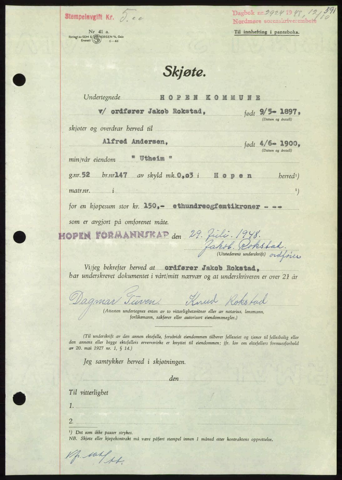 Nordmøre sorenskriveri, AV/SAT-A-4132/1/2/2Ca: Mortgage book no. A109, 1948-1948, Diary no: : 2924/1948