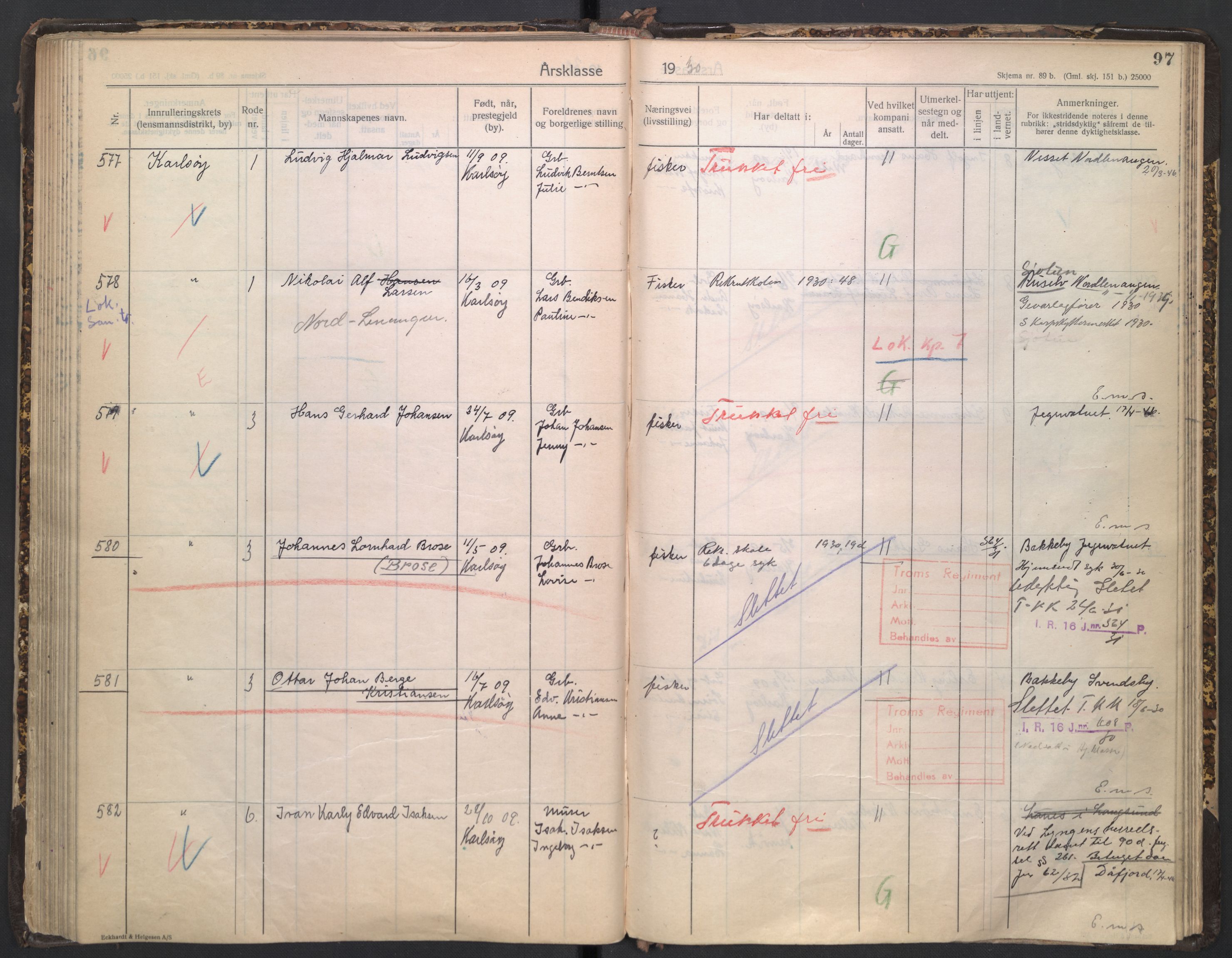 Forsvaret, Troms infanteriregiment nr. 16, AV/RA-RAFA-3146/P/Pa/L0005/0003: Ruller / Rulle for regimentets stridende menige mannskaper, årsklasse 1930, 1930, p. 97