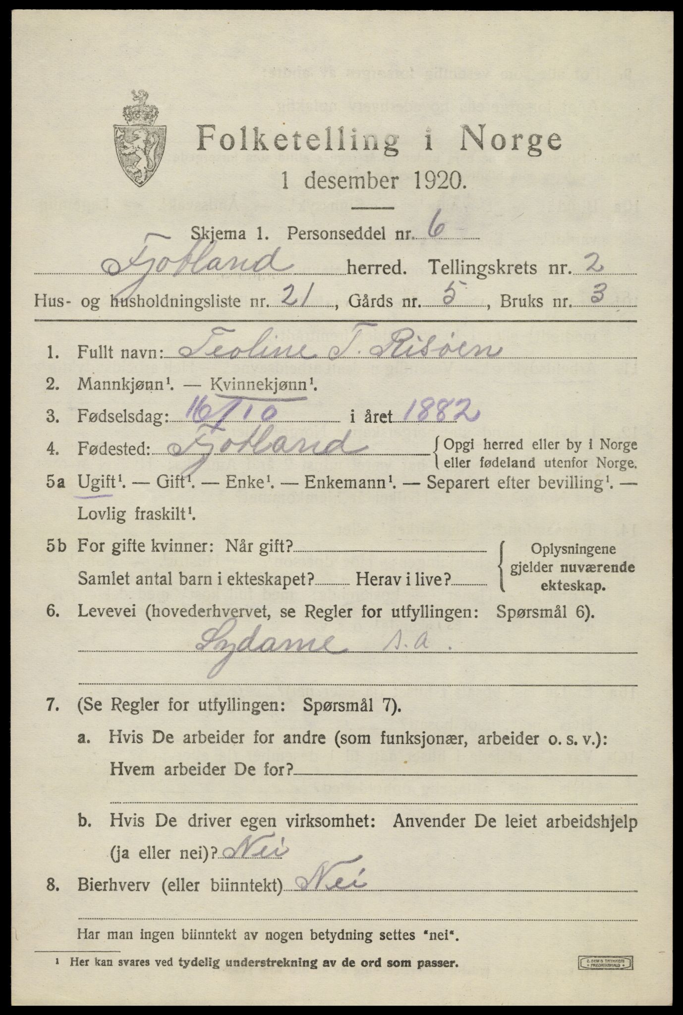 SAK, 1920 census for Fjotland, 1920, p. 914