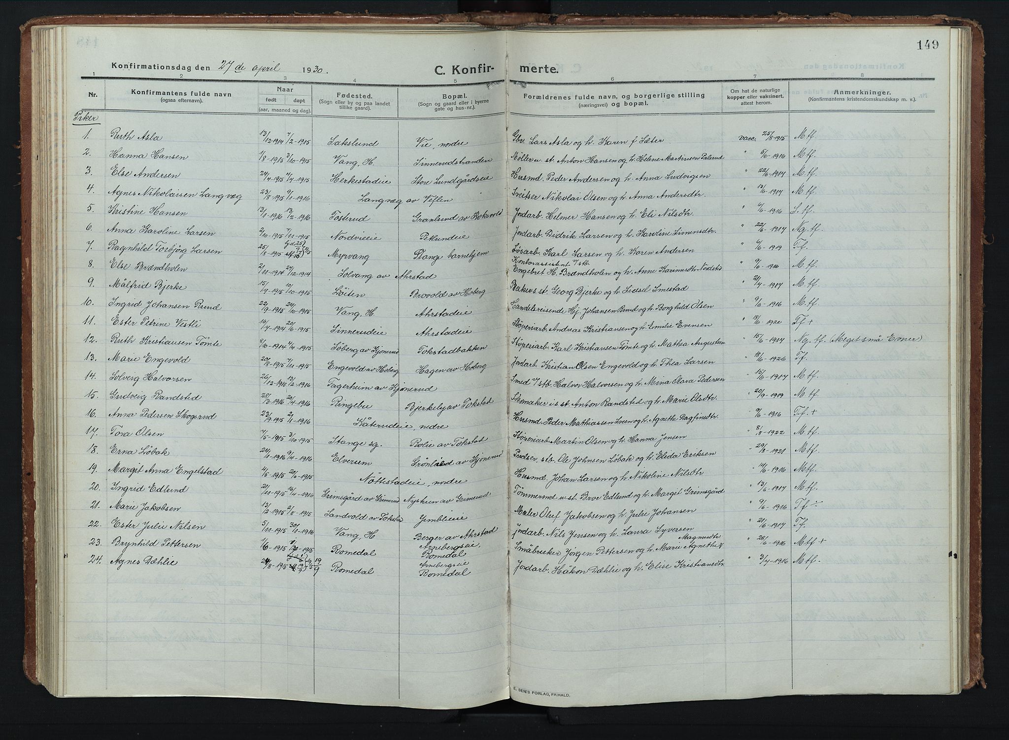 Stange prestekontor, AV/SAH-PREST-002/K/L0028: Parish register (official) no. 28, 1913-1932, p. 149