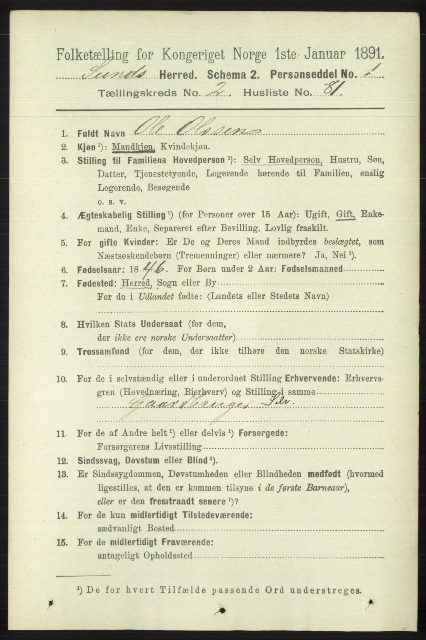 RA, 1891 census for 1245 Sund, 1891, p. 1109