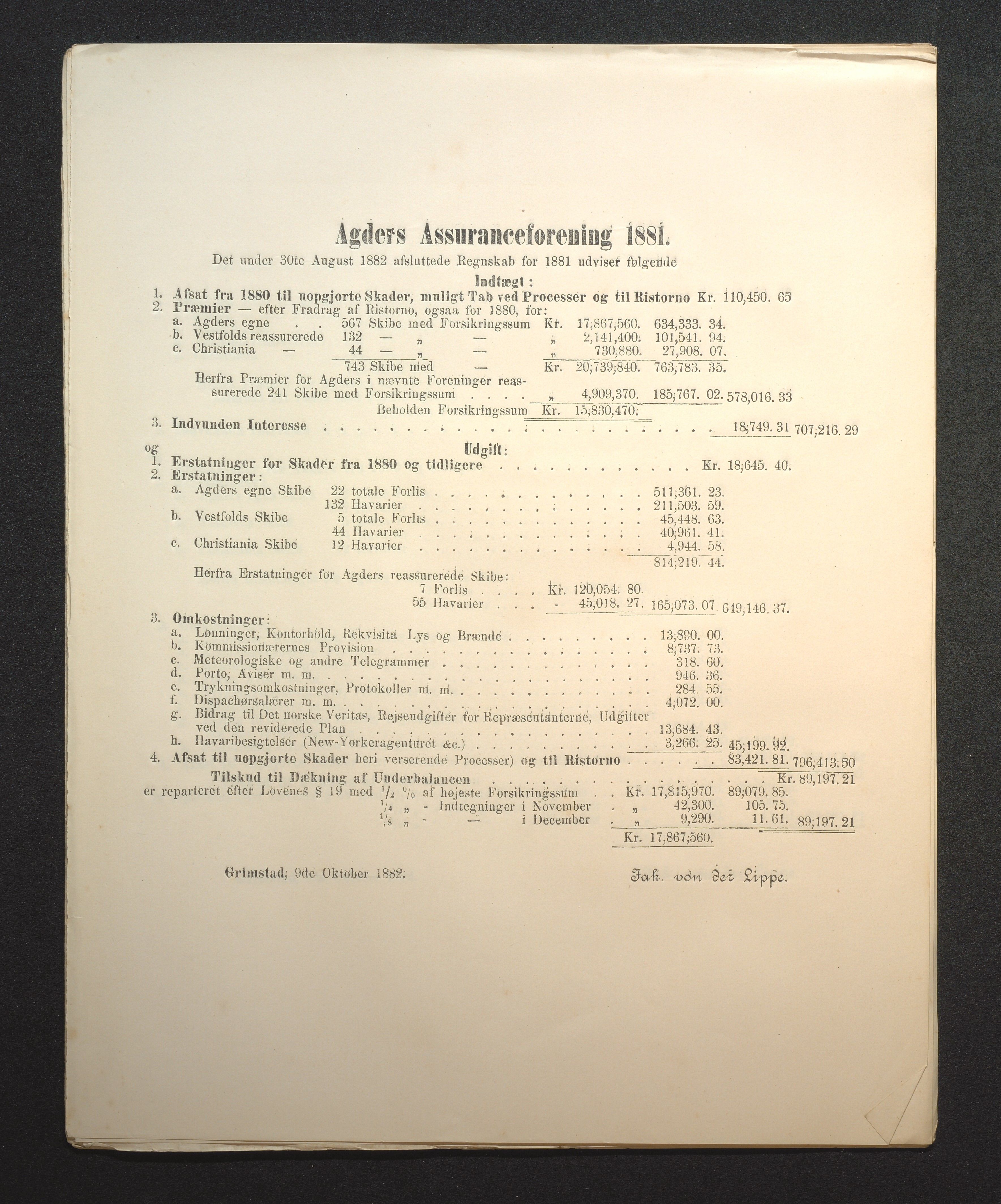 Agders Gjensidige Assuranceforening, AAKS/PA-1718/05/L0002: Regnskap, seilavdeling, pakkesak, 1881-1889