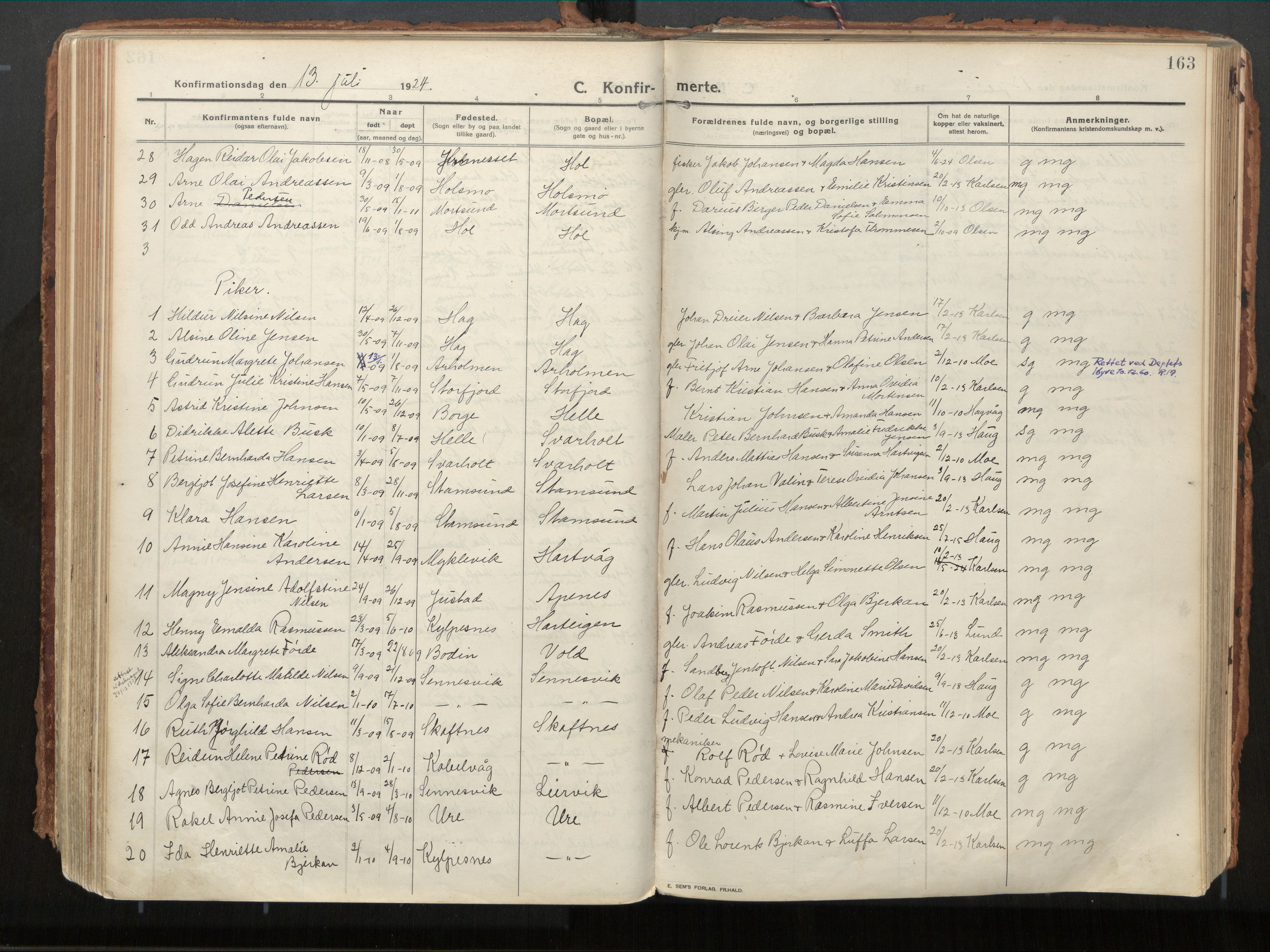 Ministerialprotokoller, klokkerbøker og fødselsregistre - Nordland, SAT/A-1459/882/L1181: Parish register (official) no. 882A03, 1913-1937, p. 163