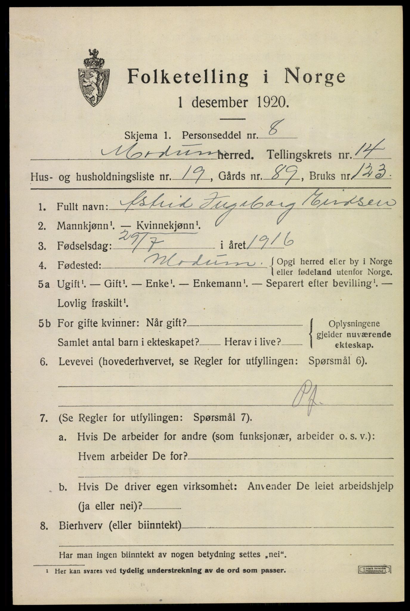 SAKO, 1920 census for Modum, 1920, p. 16211