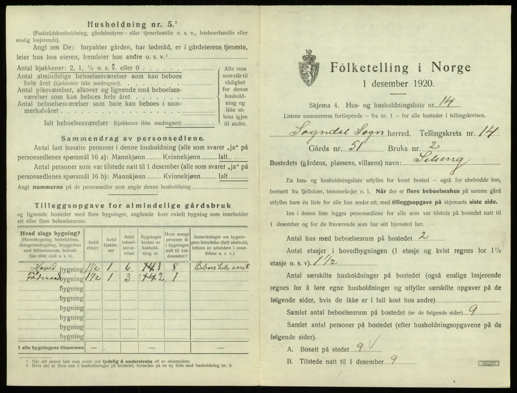 SAB, 1920 census for Sogndal, 1920, p. 808