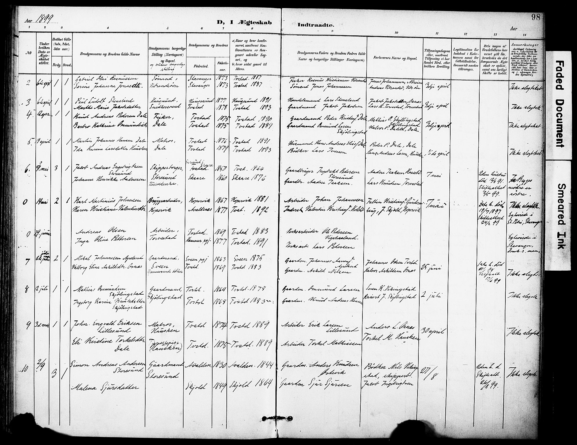 Torvastad sokneprestkontor, AV/SAST-A -101857/H/Ha/Haa/L0017: Parish register (official) no. A 16, 1899-1911, p. 98