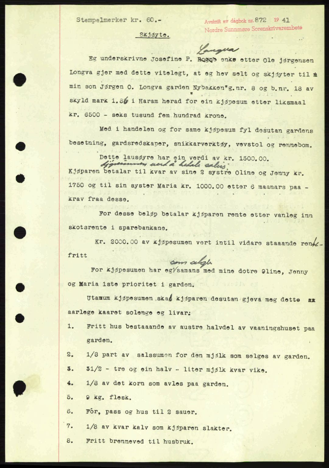 Nordre Sunnmøre sorenskriveri, AV/SAT-A-0006/1/2/2C/2Ca: Mortgage book no. A11, 1941-1941, Diary no: : 872/1941