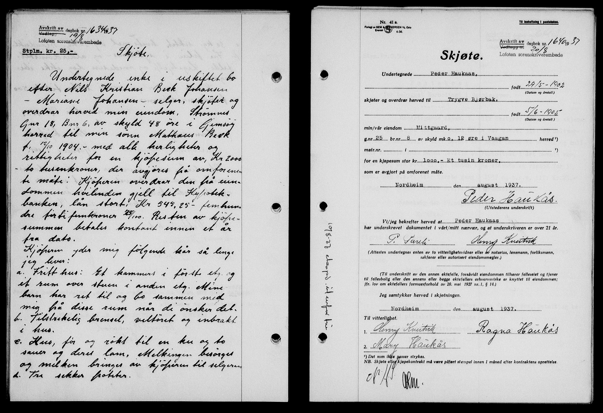Lofoten sorenskriveri, SAT/A-0017/1/2/2C/L0002a: Mortgage book no. 2a, 1937-1937, Diary no: : 1640/1937