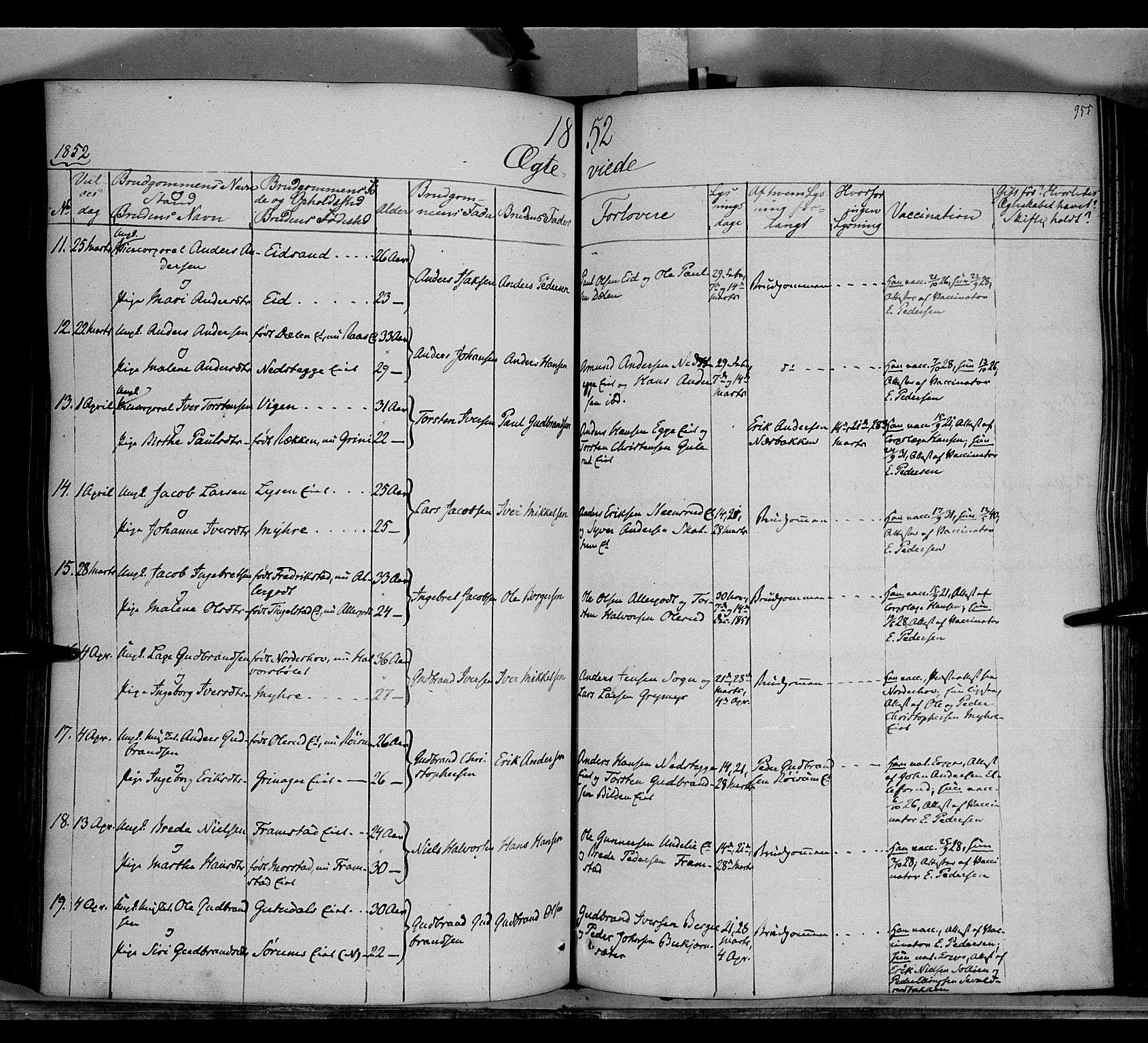 Gran prestekontor, AV/SAH-PREST-112/H/Ha/Haa/L0011: Parish register (official) no. 11, 1842-1856, p. 954-955