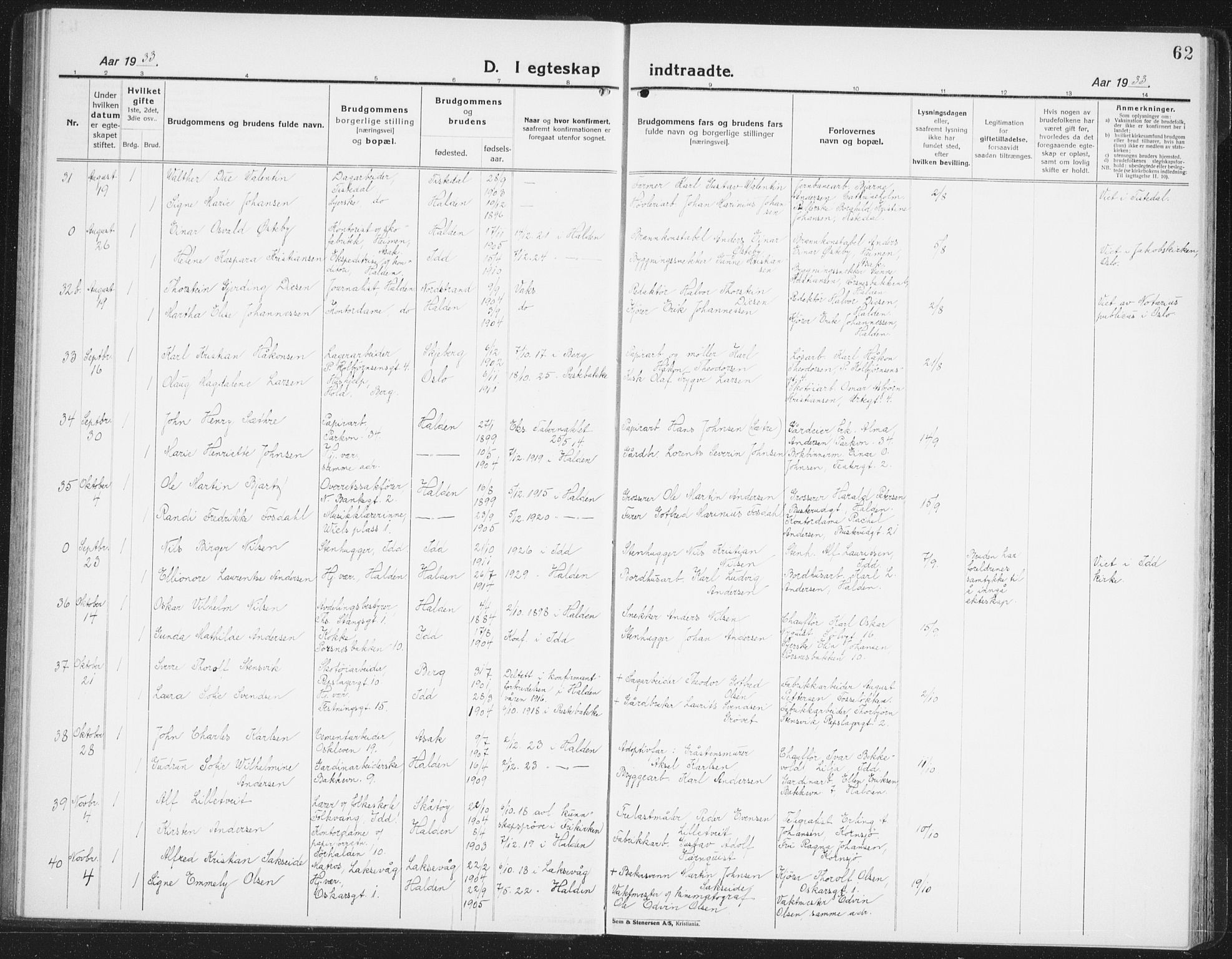 Halden prestekontor Kirkebøker, AV/SAO-A-10909/G/Ga/L0014: Parish register (copy) no. 14, 1925-1943, p. 62