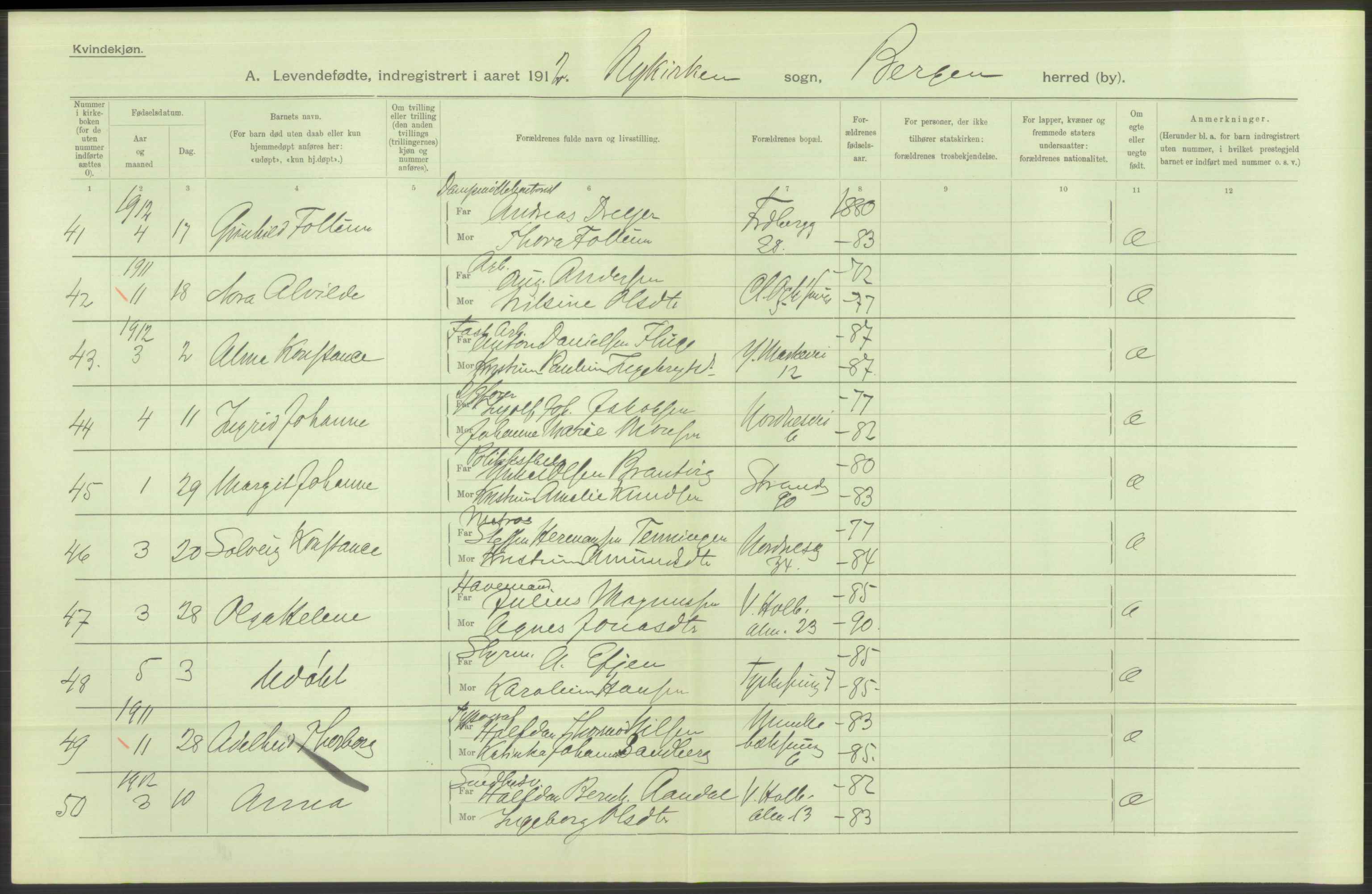 Statistisk sentralbyrå, Sosiodemografiske emner, Befolkning, AV/RA-S-2228/D/Df/Dfb/Dfbb/L0032: Bergen: Levendefødte menn og kvinner., 1912, p. 10