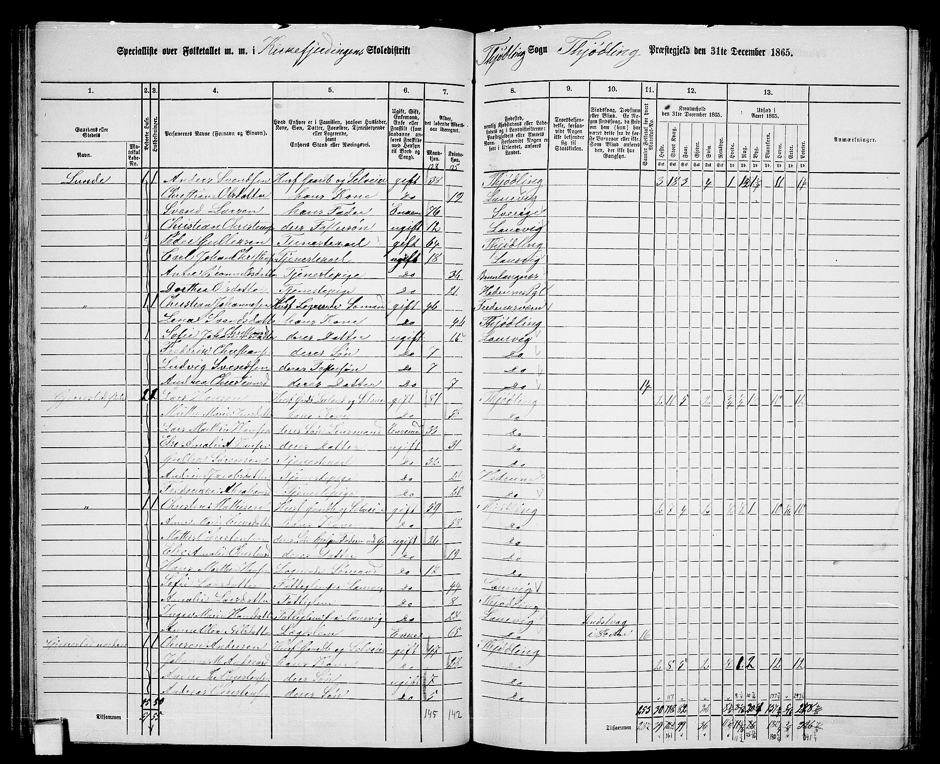 RA, 1865 census for Tjølling, 1865, p. 63