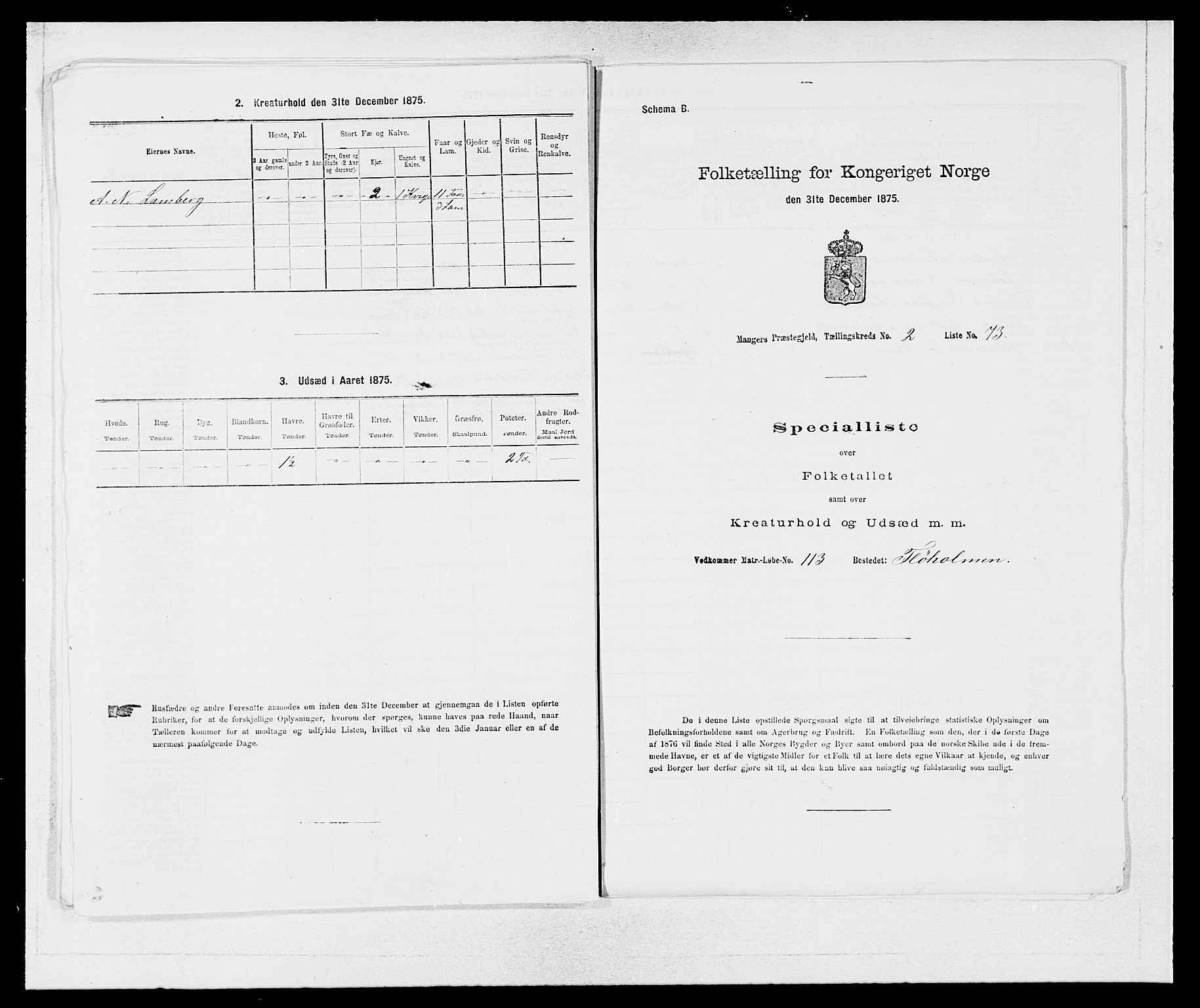 SAB, 1875 census for 1261P Manger, 1875, p. 373