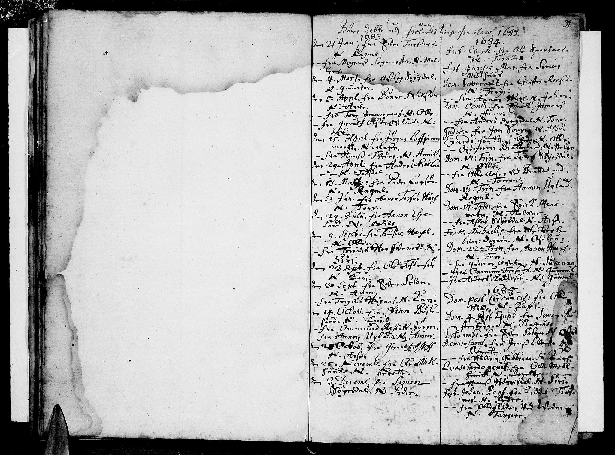 Øyestad sokneprestkontor, AV/SAK-1111-0049/F/Fa/L0001: Parish register (official) no. A 1 /3, 1683-1697, p. 39