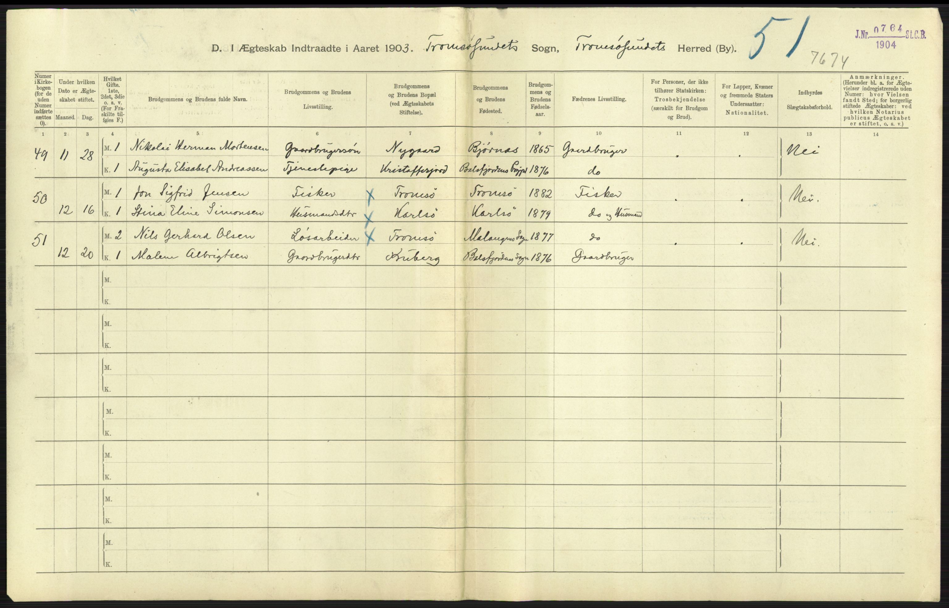 Statistisk sentralbyrå, Sosiodemografiske emner, Befolkning, AV/RA-S-2228/D/Df/Dfa/Dfaa/L0021: Tromsø amt: Fødte, gifte, døde., 1903, p. 309