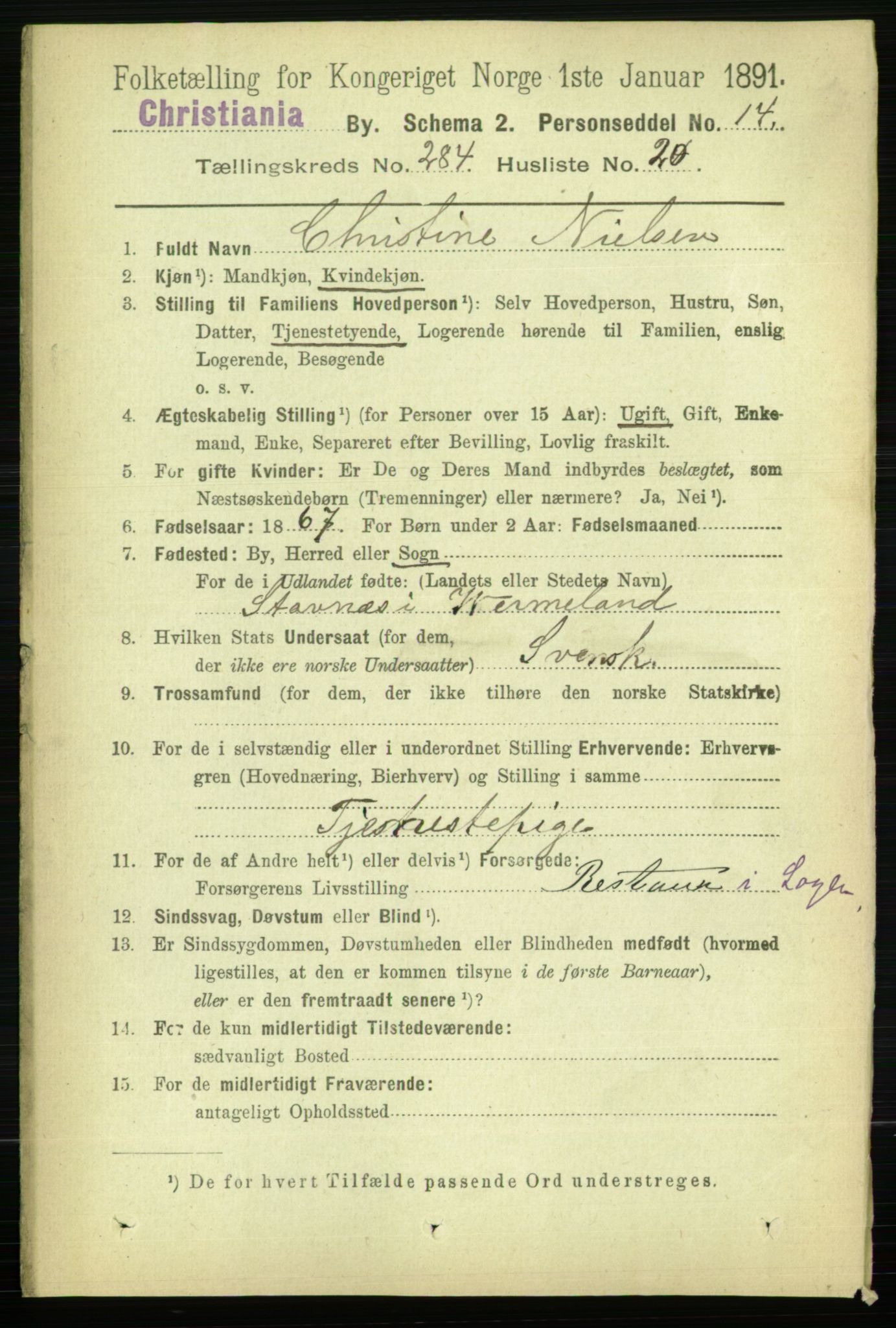 RA, 1891 census for 0301 Kristiania, 1891, p. 174095