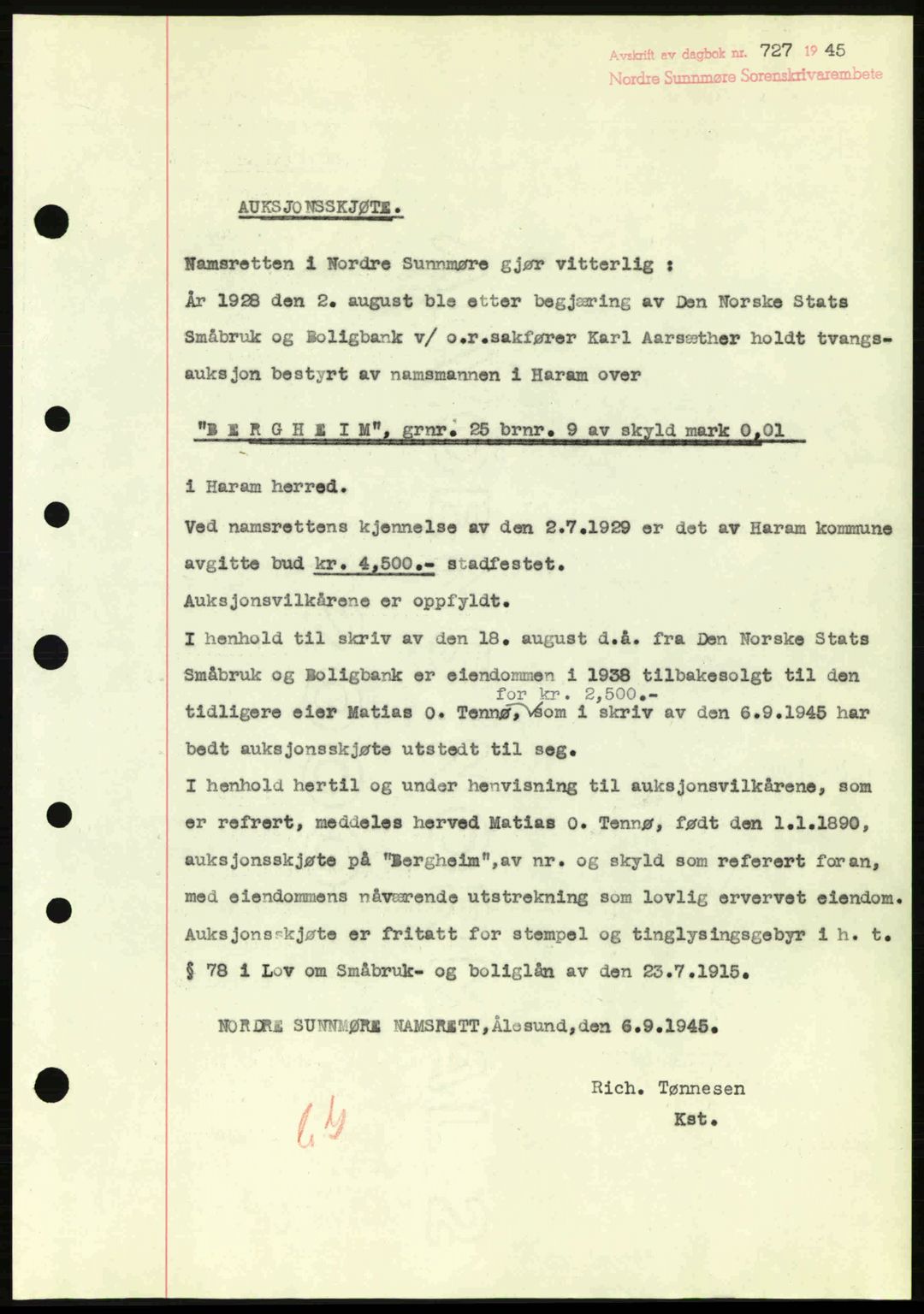 Nordre Sunnmøre sorenskriveri, AV/SAT-A-0006/1/2/2C/2Ca: Mortgage book no. A20a, 1945-1945, Diary no: : 727/1945