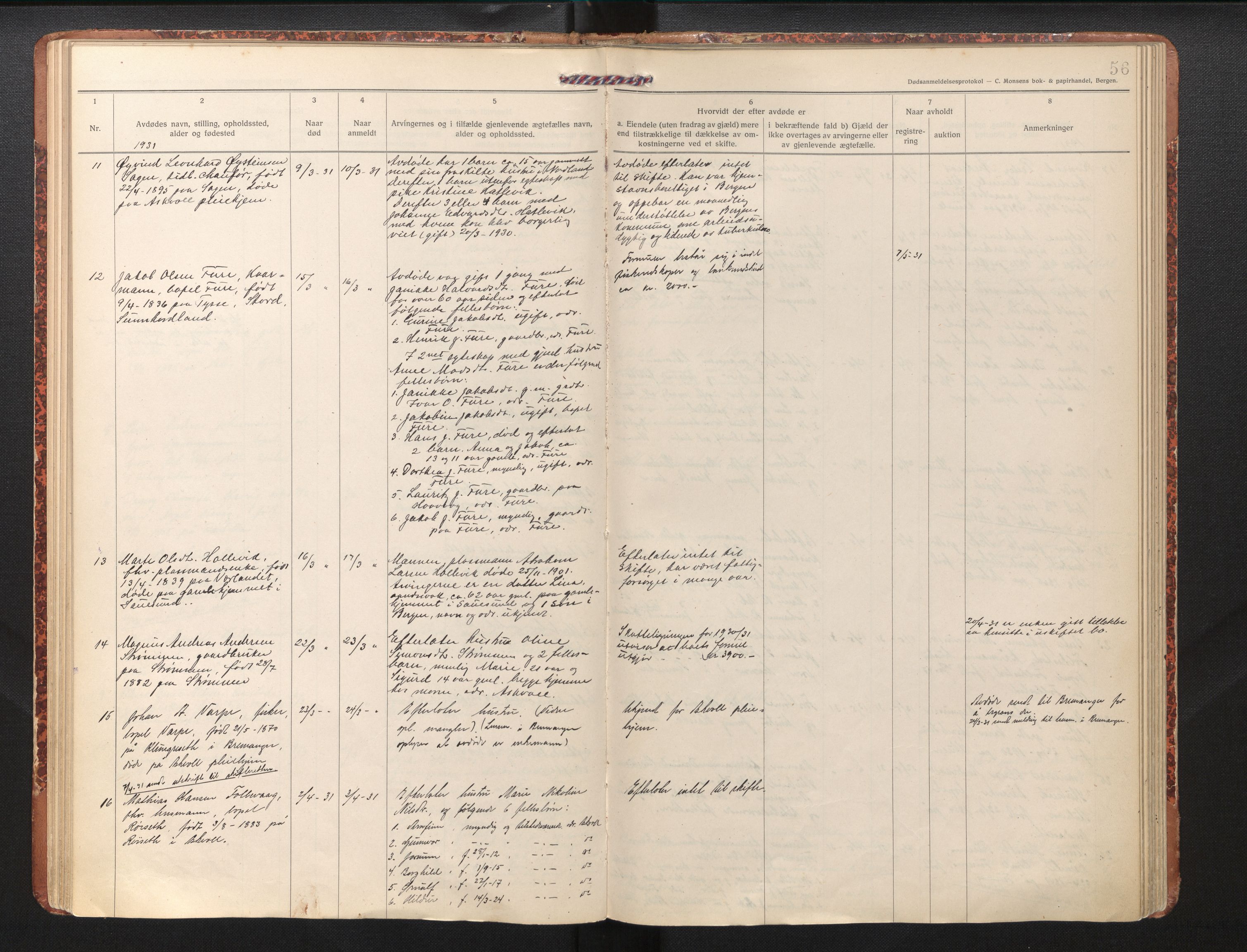 Lensmannen i Askvoll, AV/SAB-A-26301/0006/L0001a: Dødsfallprotokoll, 1919-1942, p. 56