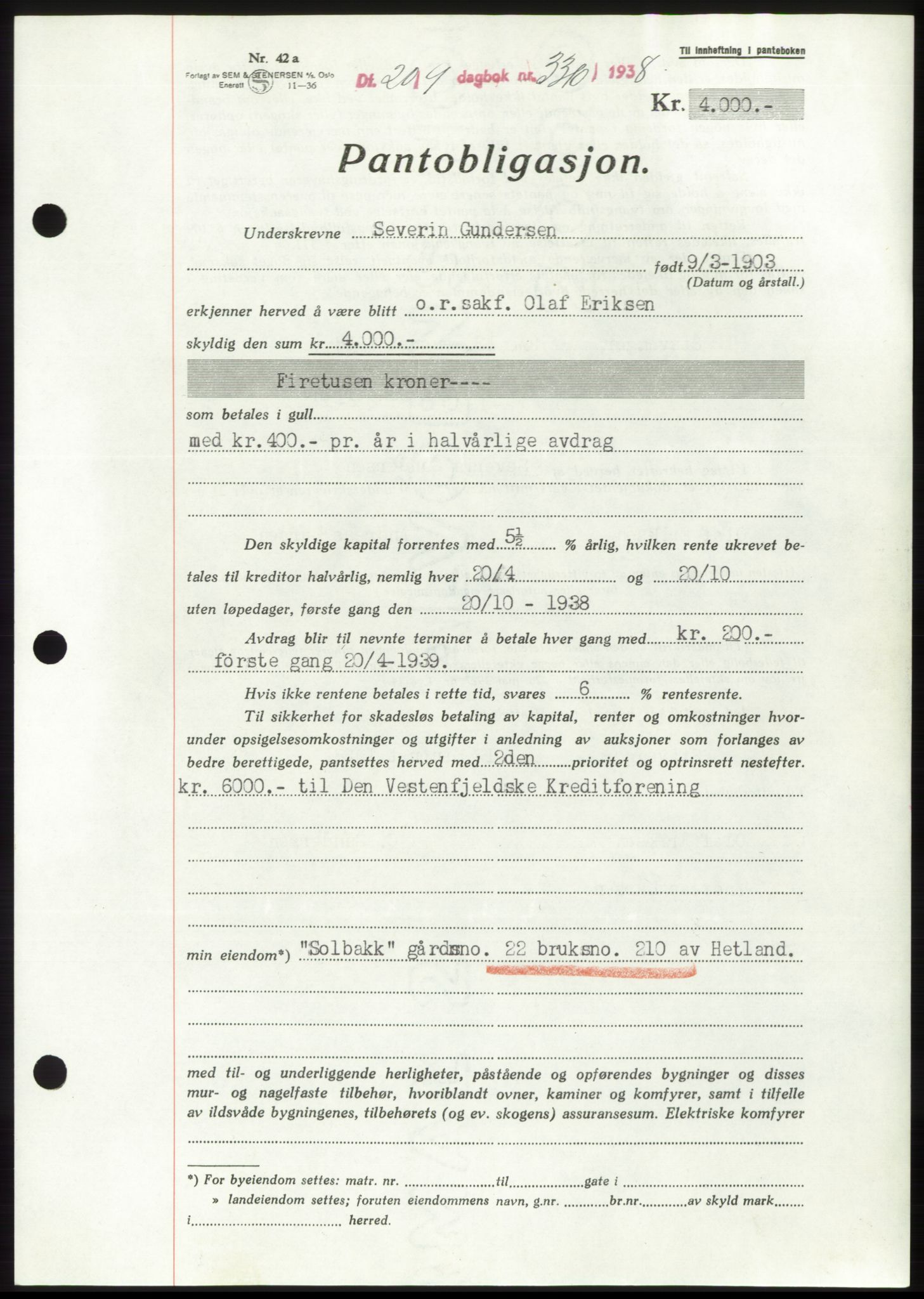 Jæren sorenskriveri, SAST/A-100310/03/G/Gba/L0072: Mortgage book, 1938-1938, Diary no: : 3310/1938