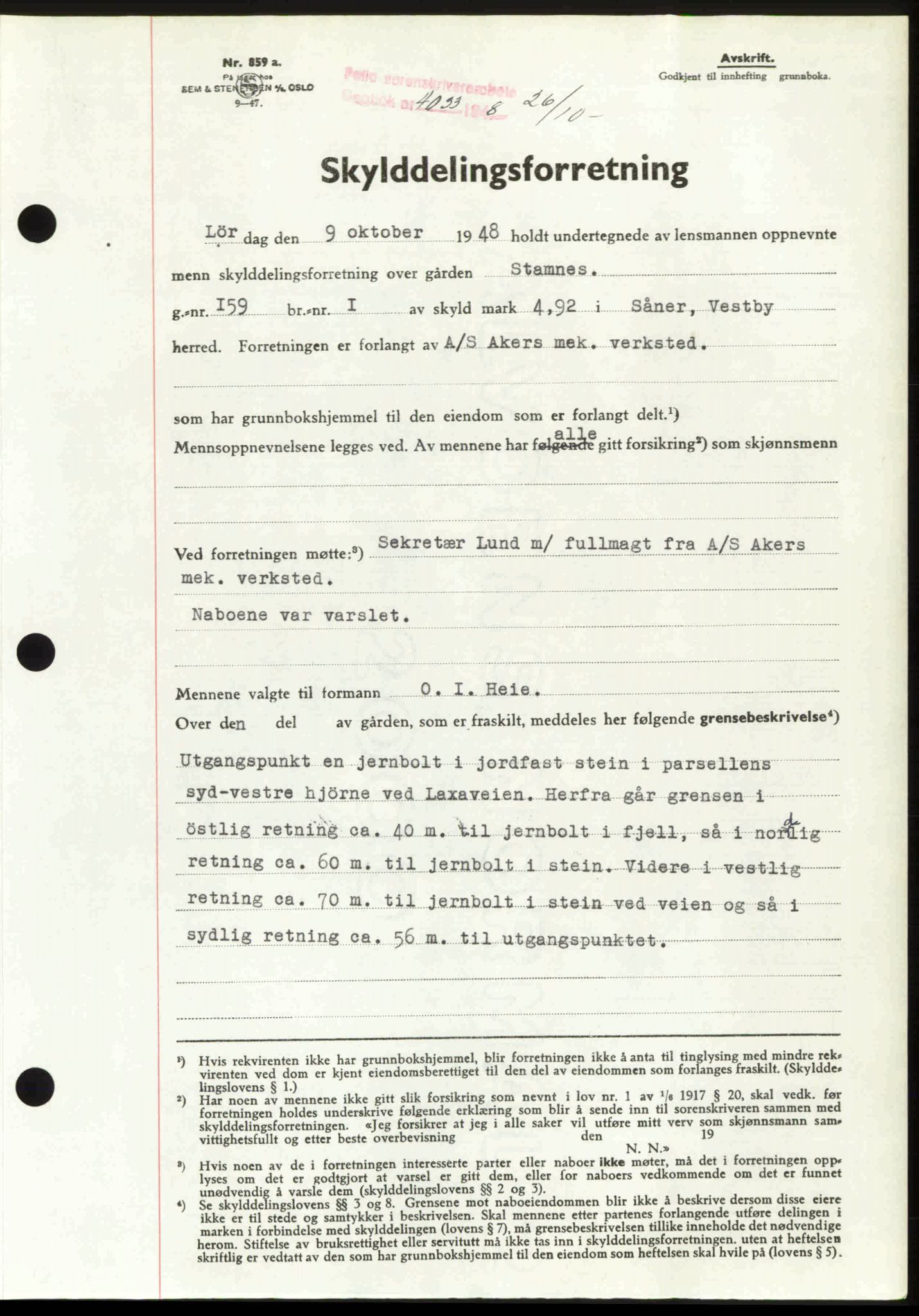Follo sorenskriveri, SAO/A-10274/G/Ga/Gaa/L0085: Mortgage book no. I 85, 1948-1948, Diary no: : 4033/1948