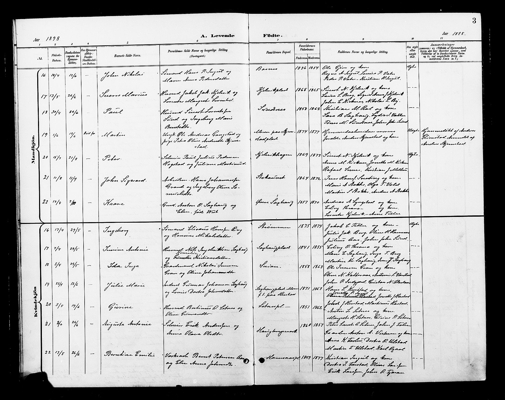 Ministerialprotokoller, klokkerbøker og fødselsregistre - Nord-Trøndelag, SAT/A-1458/730/L0302: Parish register (copy) no. 730C05, 1898-1924, p. 3